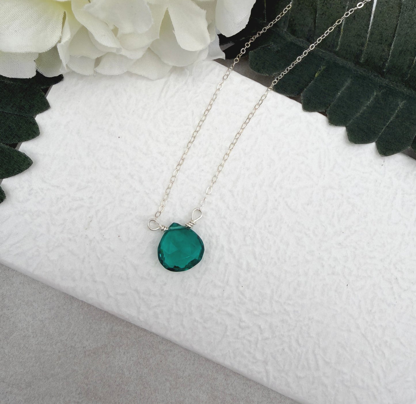 Necklace with a Teal Quartz Teardrop, Wire Wrapped to a Sterling Silver Cable Chain CDN-931