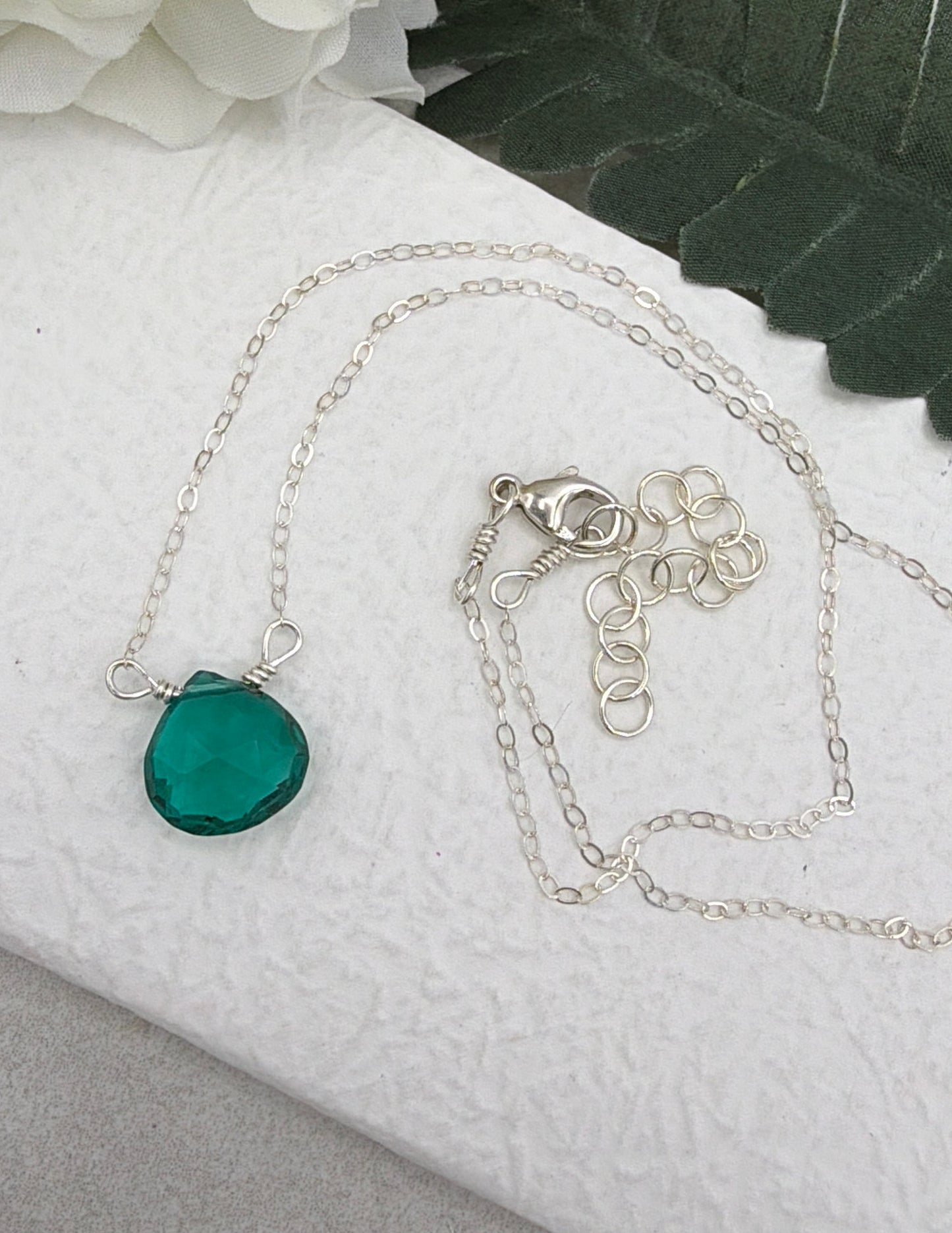 Necklace with a Teal Quartz Teardrop, Wire Wrapped to a Sterling Silver Cable Chain CDN-931