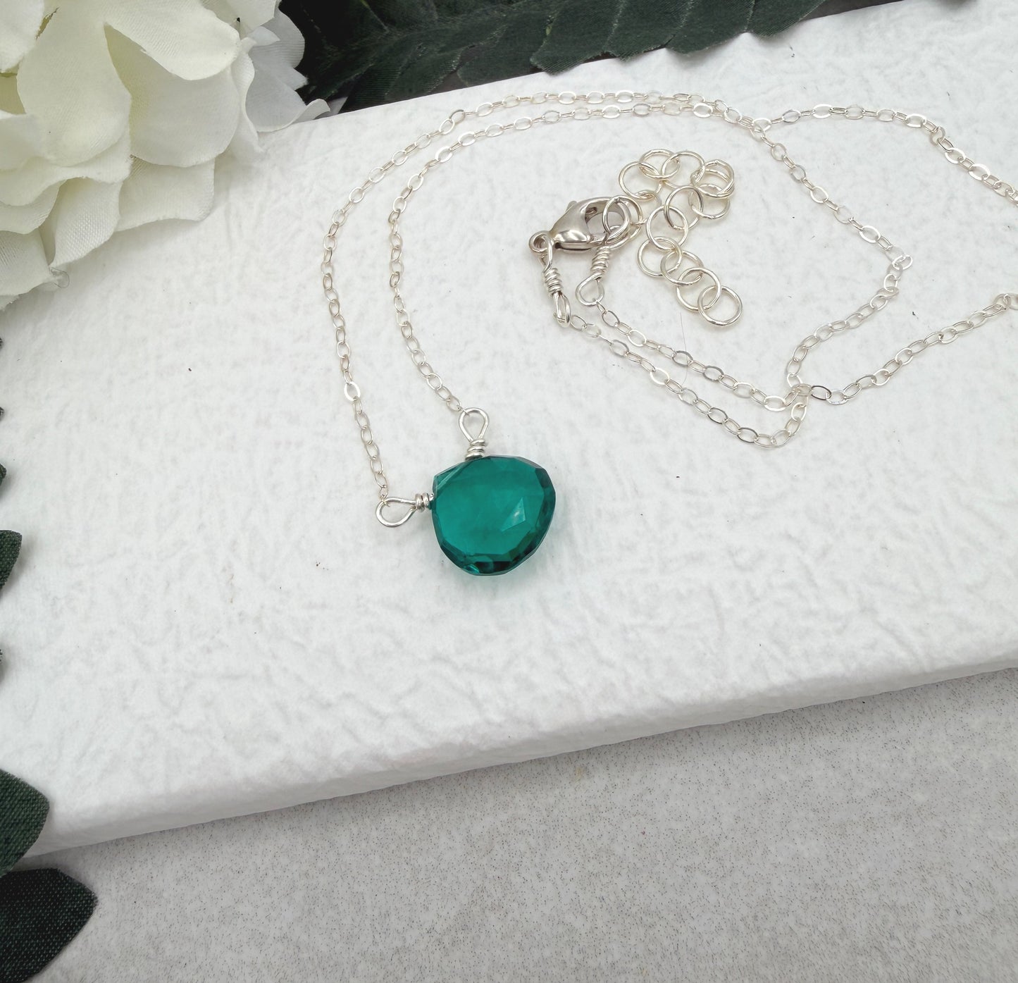 Necklace with a Teal Quartz Teardrop, Wire Wrapped to a Sterling Silver Cable Chain CDN-931