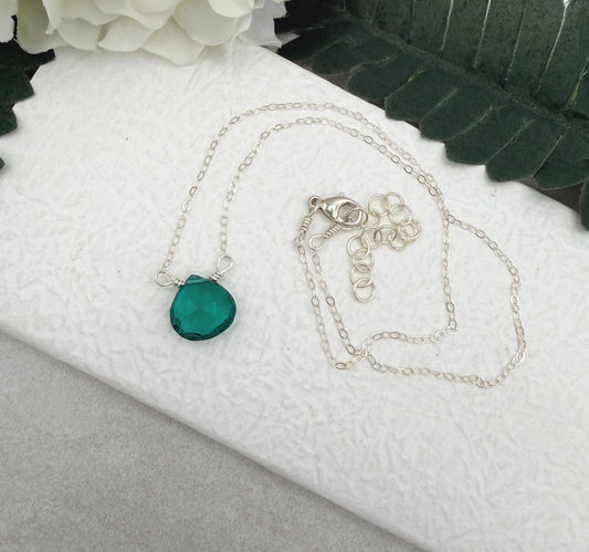 Necklace with a Teal Quartz Teardrop, Wire Wrapped to a Sterling Silver Cable Chain CDN-931