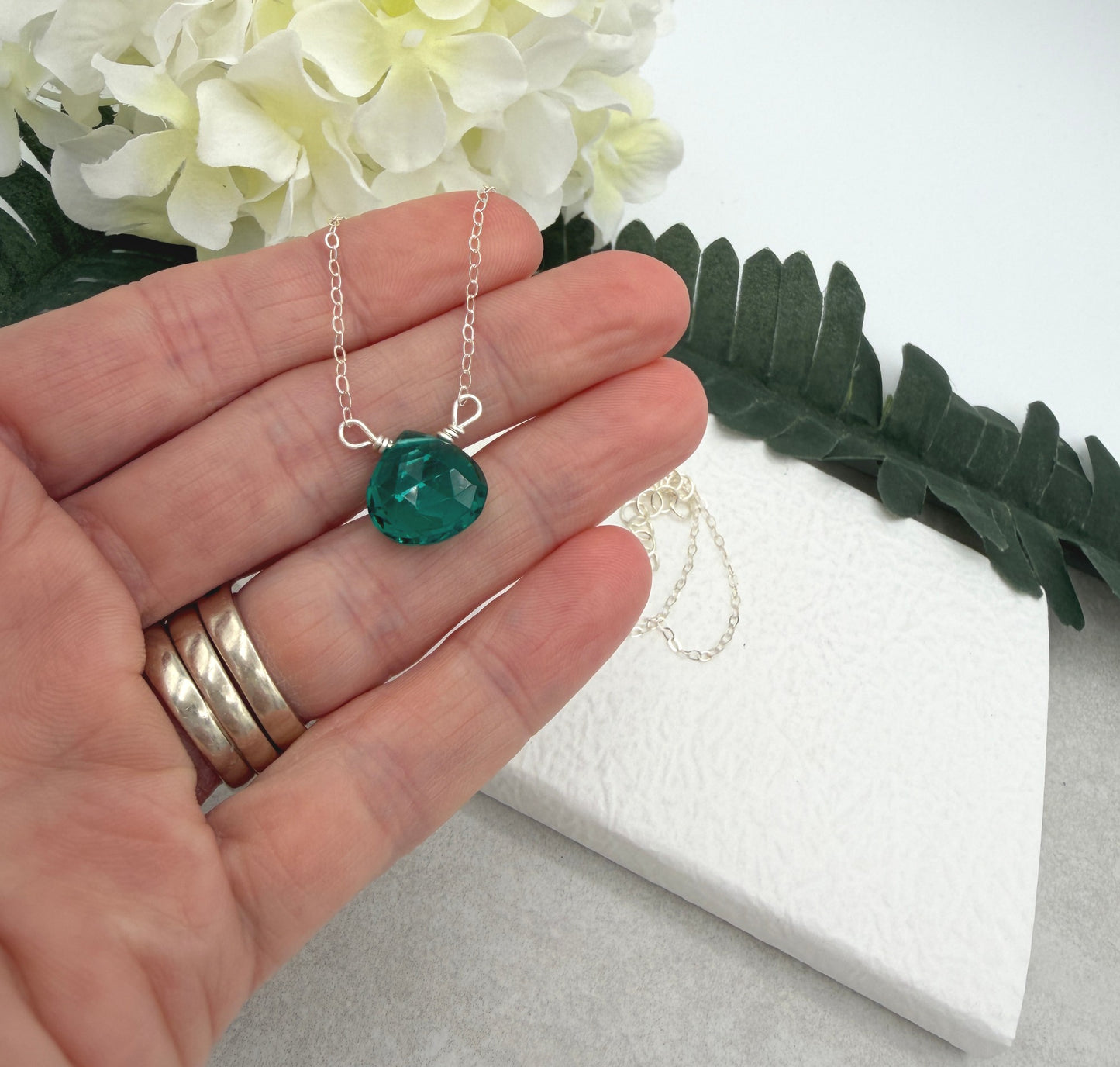 Necklace with a Teal Quartz Teardrop, Wire Wrapped to a Sterling Silver Cable Chain CDN-931