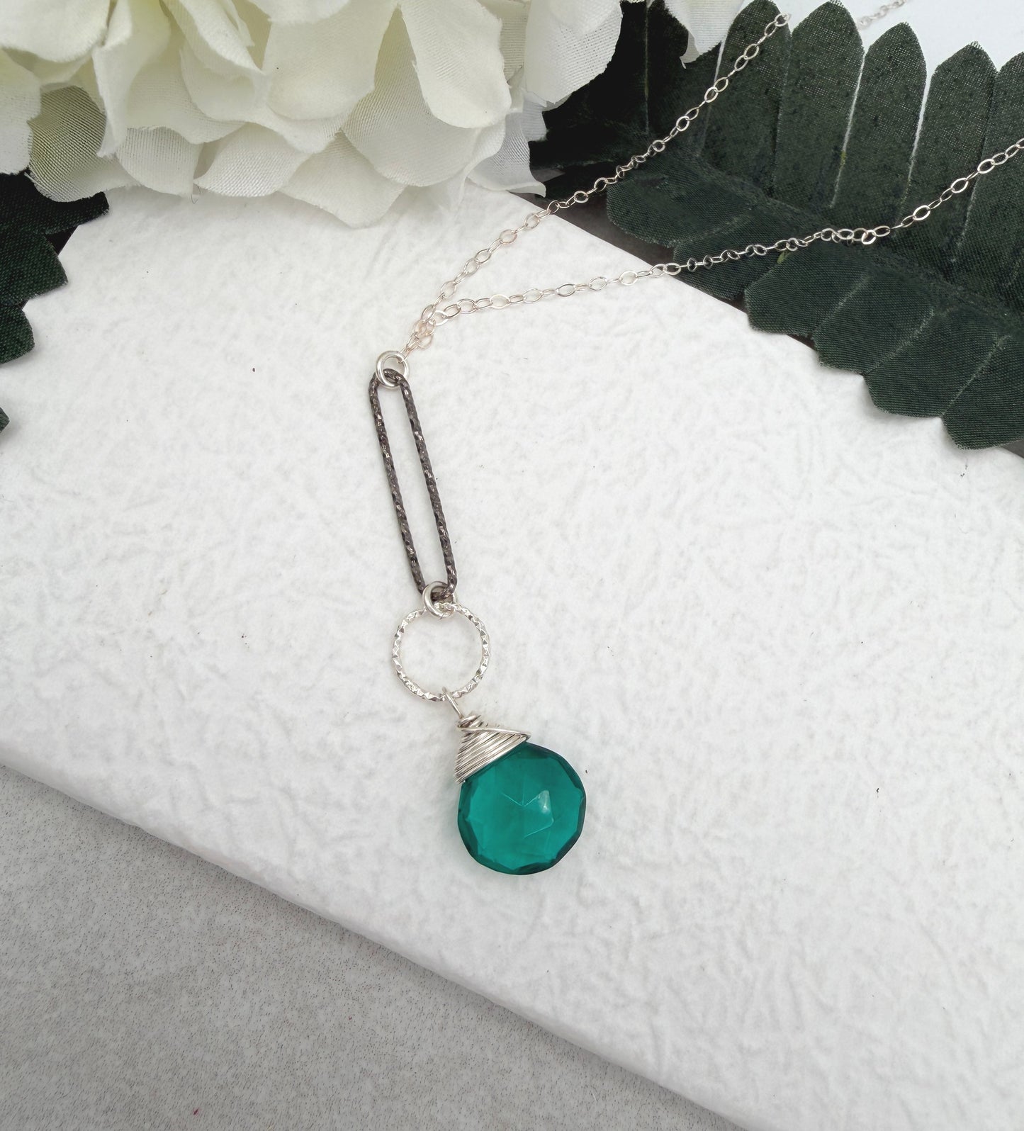 Necklace with a Teal Quartz Teardrop and Diamond Cut Loops, Wire Wrapped to a Sterling Silver Cable Chain CDN-932