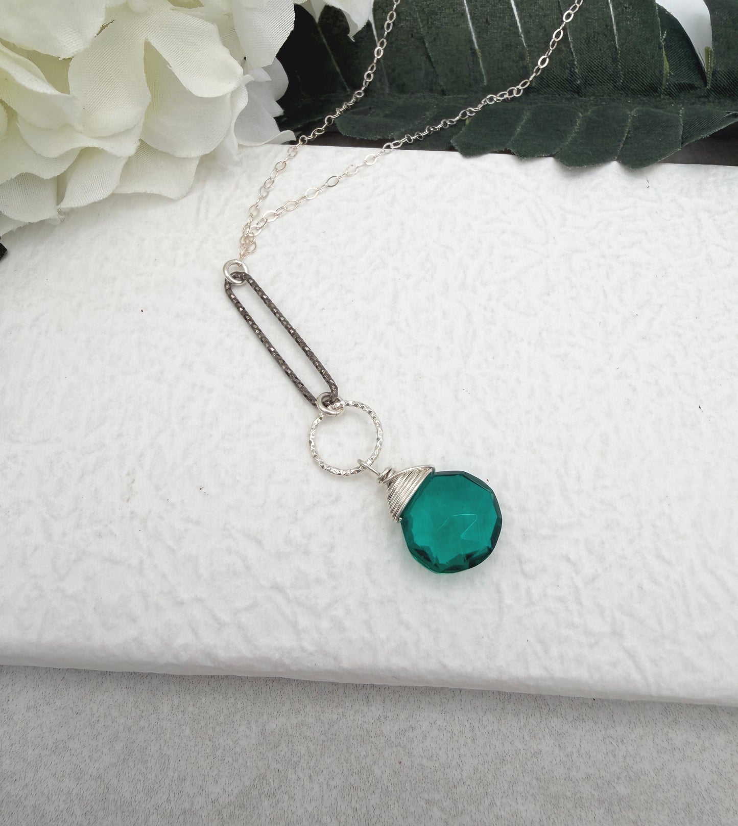 Necklace with a Teal Quartz Teardrop and Diamond Cut Loops, Wire Wrapped to a Sterling Silver Cable Chain CDN-932