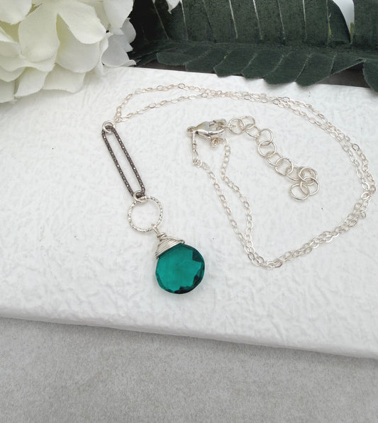 Necklace with a Teal Quartz Teardrop and Diamond Cut Loops, Wire Wrapped to a Sterling Silver Cable Chain CDN-932