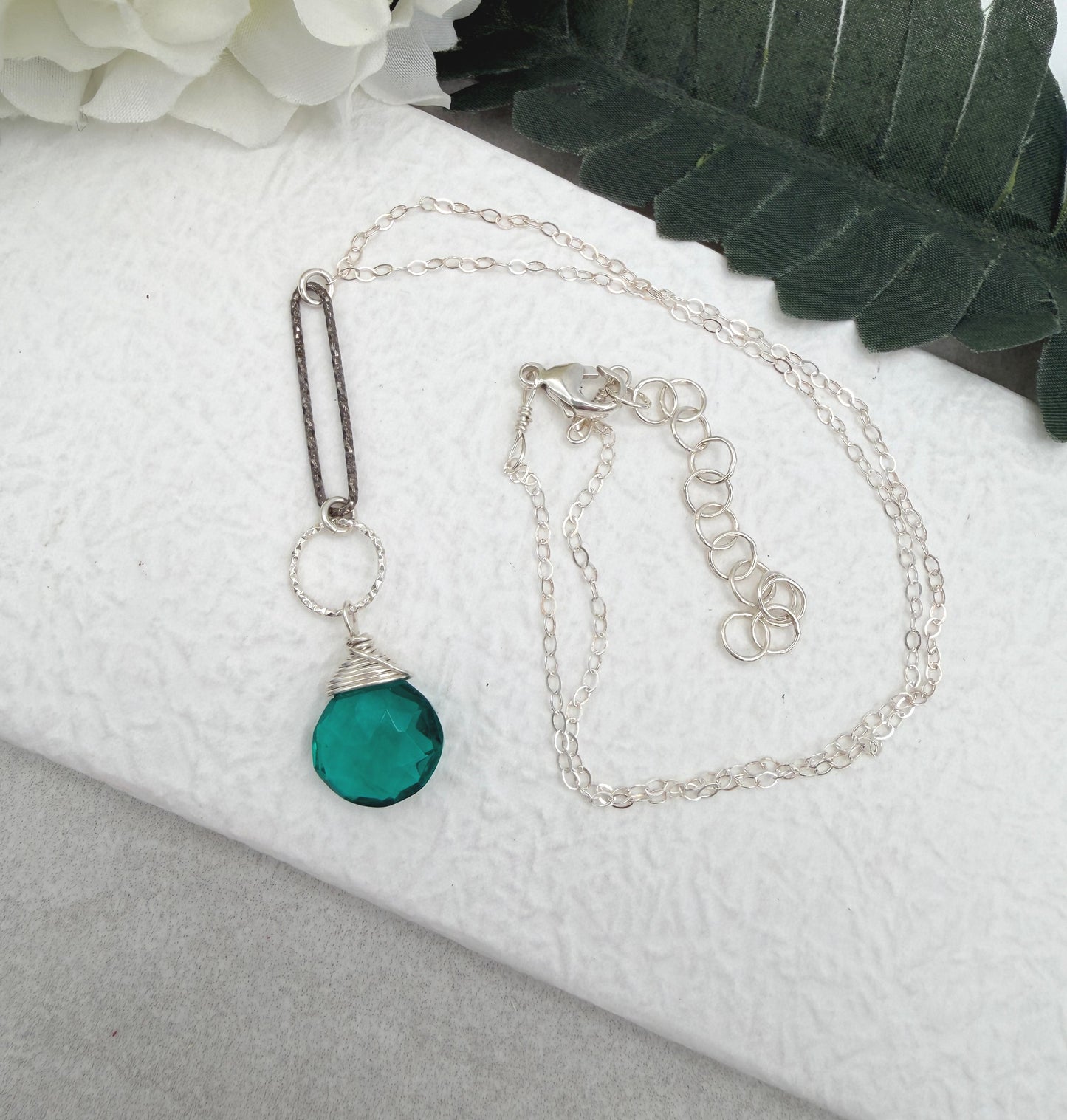 Necklace with a Teal Quartz Teardrop and Diamond Cut Loops, Wire Wrapped to a Sterling Silver Cable Chain CDN-932