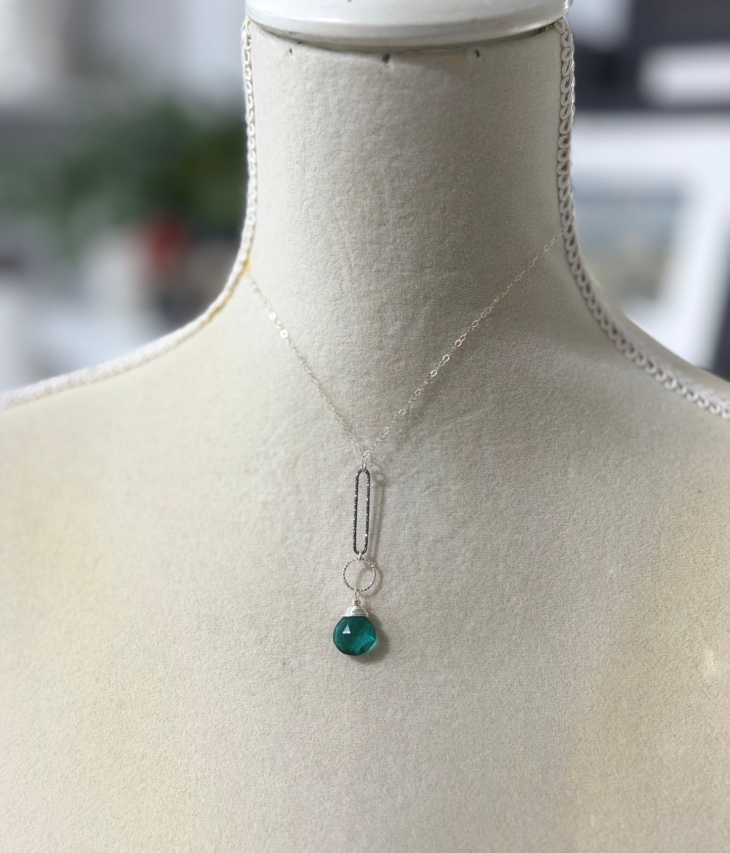 Necklace with a Teal Quartz Teardrop and Diamond Cut Loops, Wire Wrapped to a Sterling Silver Cable Chain CDN-932