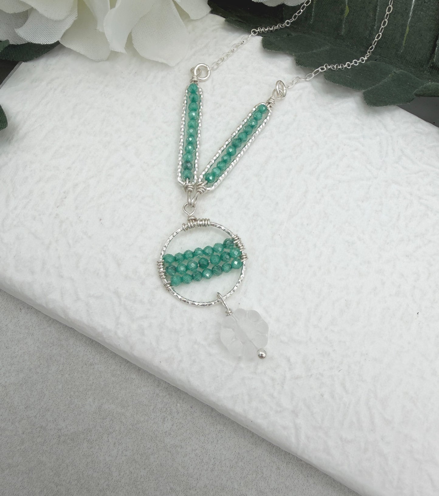 Necklace with Sea Foam Cubic Zirconia, Diamond Cut Loops, and Frosted Glass, Wire Wrapped to a Sterling Silver Cable Chain CDN-938