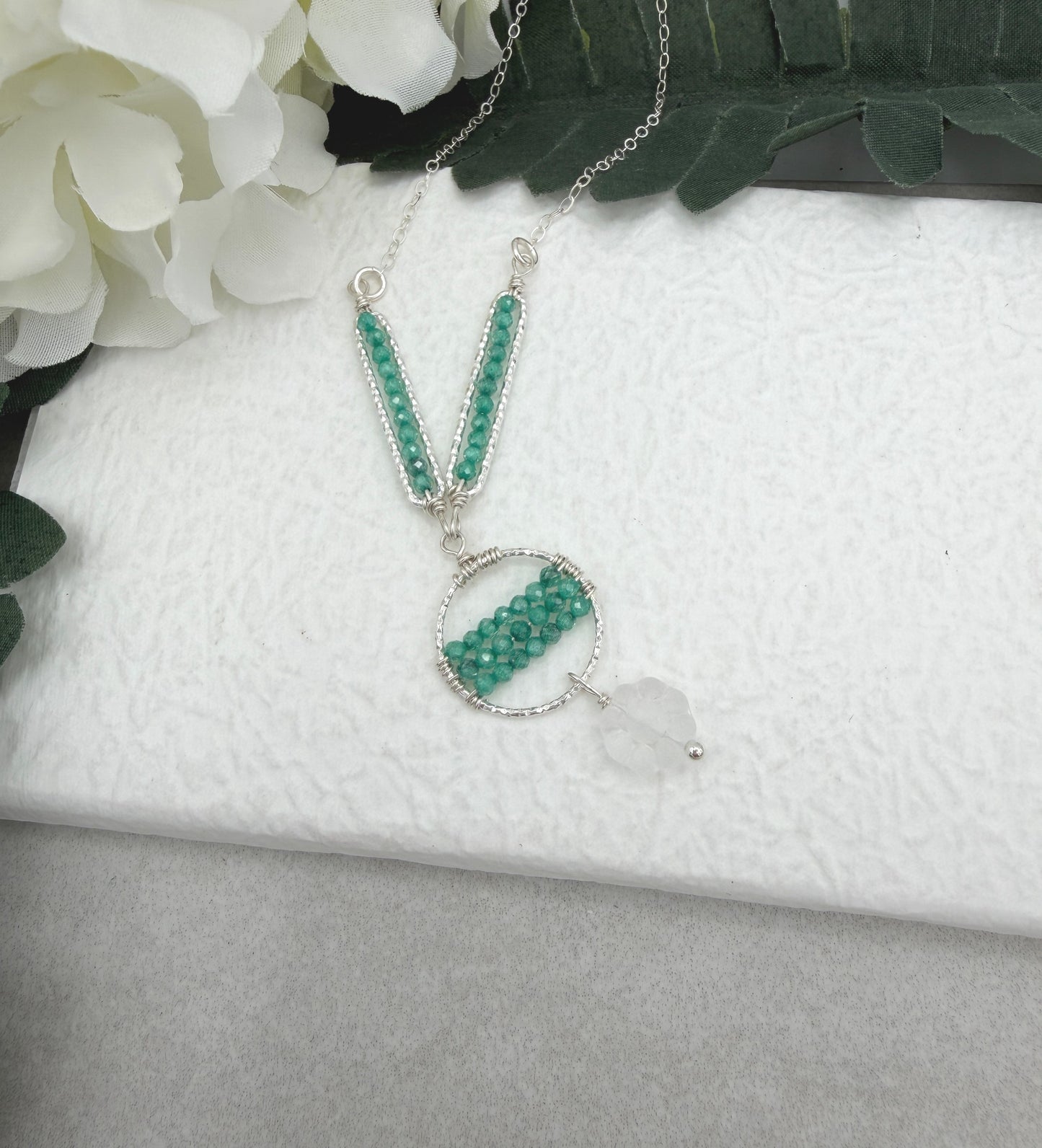 Necklace with Sea Foam Cubic Zirconia, Diamond Cut Loops, and Frosted Glass, Wire Wrapped to a Sterling Silver Cable Chain CDN-938