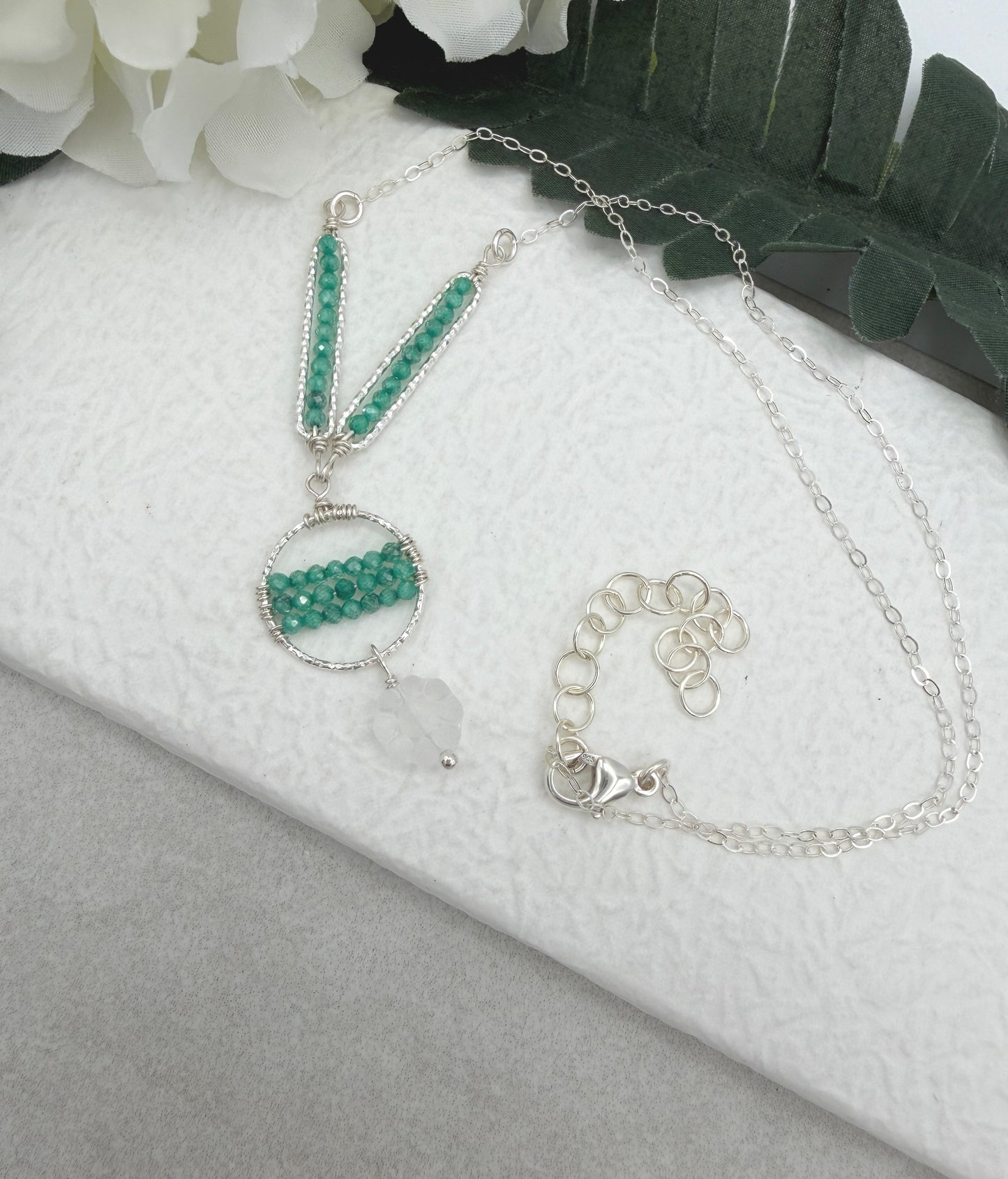 Necklace with Sea Foam Cubic Zirconia, Diamond Cut Loops, and Frosted Glass, Wire Wrapped to a Sterling Silver Cable Chain CDN-938