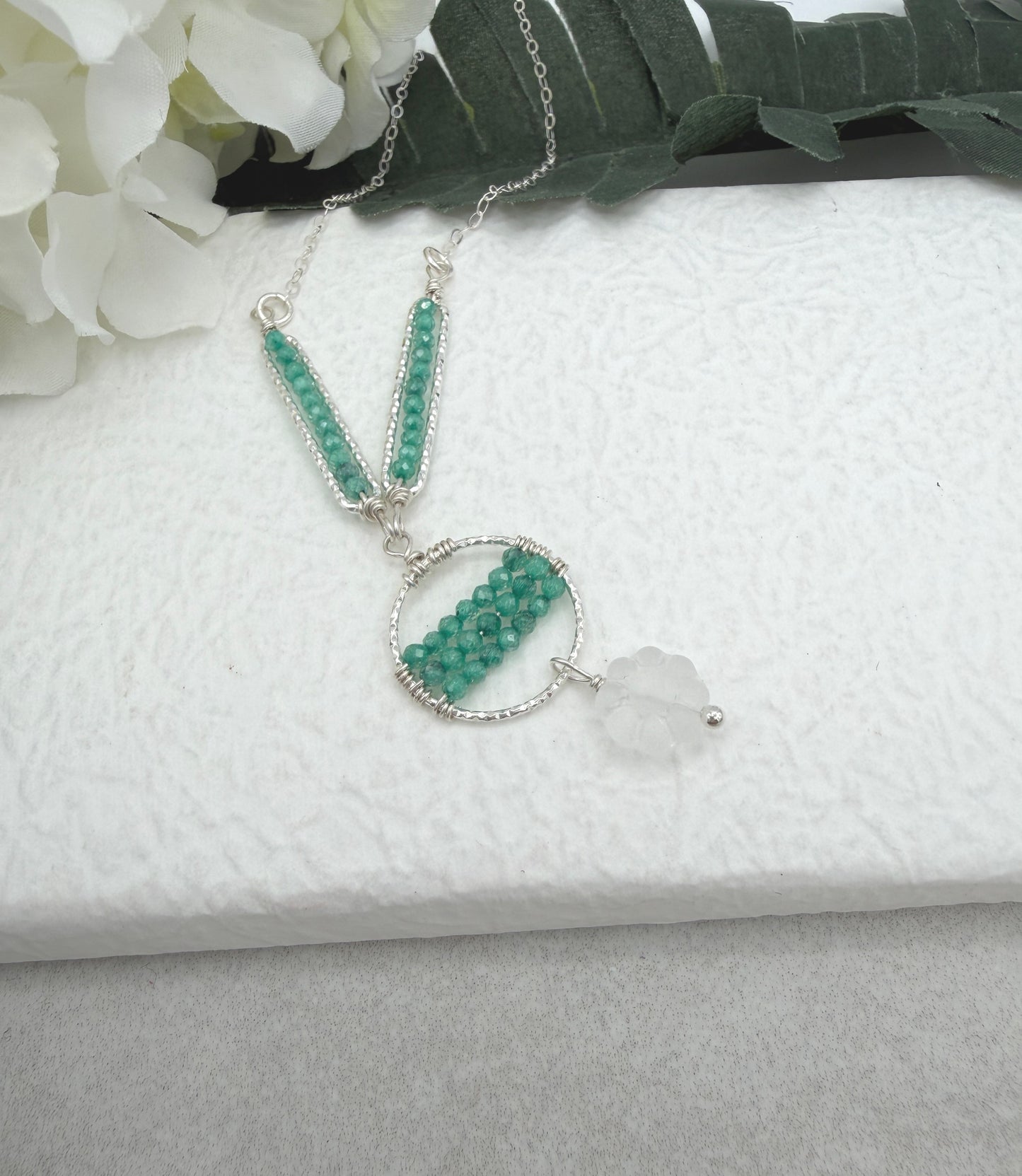 Necklace with Sea Foam Cubic Zirconia, Diamond Cut Loops, and Frosted Glass, Wire Wrapped to a Sterling Silver Cable Chain CDN-938
