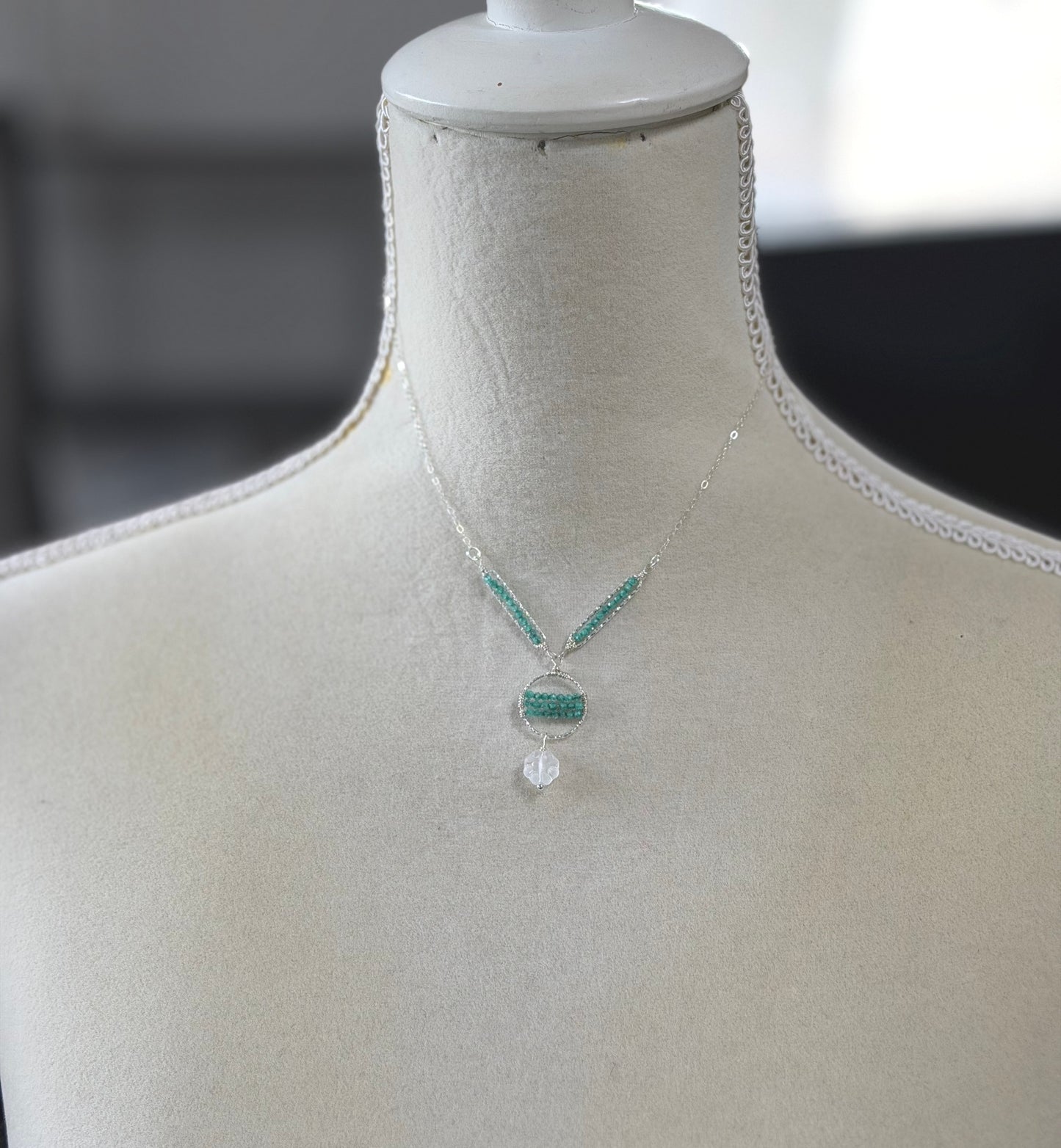 Necklace with Sea Foam Cubic Zirconia, Diamond Cut Loops, and Frosted Glass, Wire Wrapped to a Sterling Silver Cable Chain CDN-938