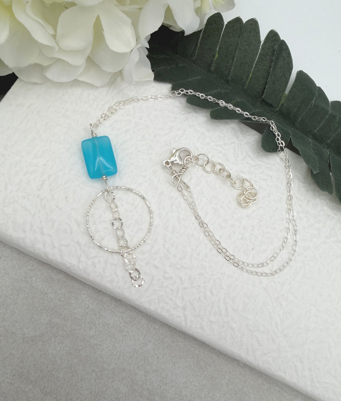 Necklace with a Blue Rectangular Bead, Diamond Cut Loop and Chain Drop CDN-940