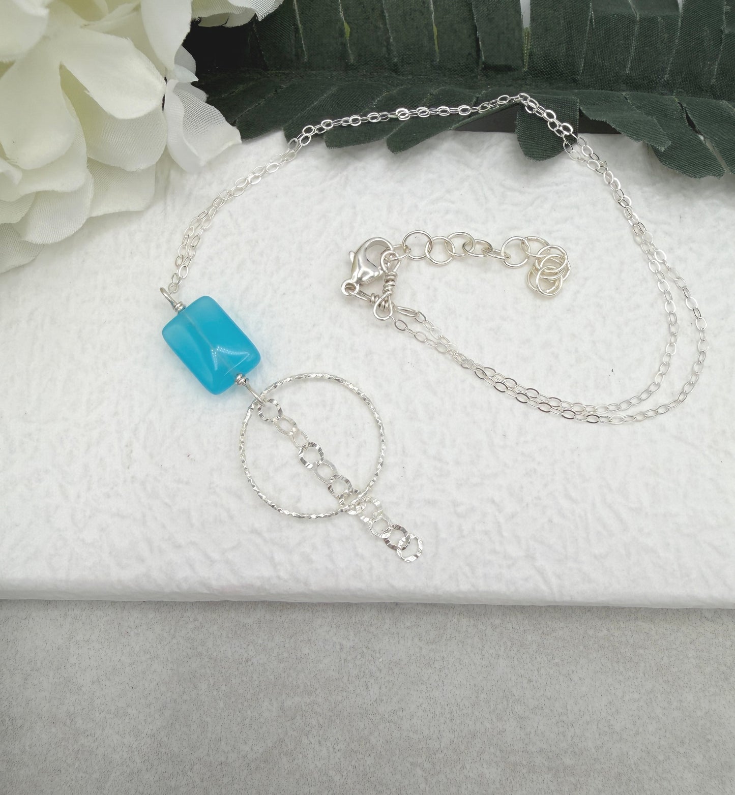 Necklace with a Blue Rectangular Bead, Diamond Cut Loop and Chain Drop CDN-940