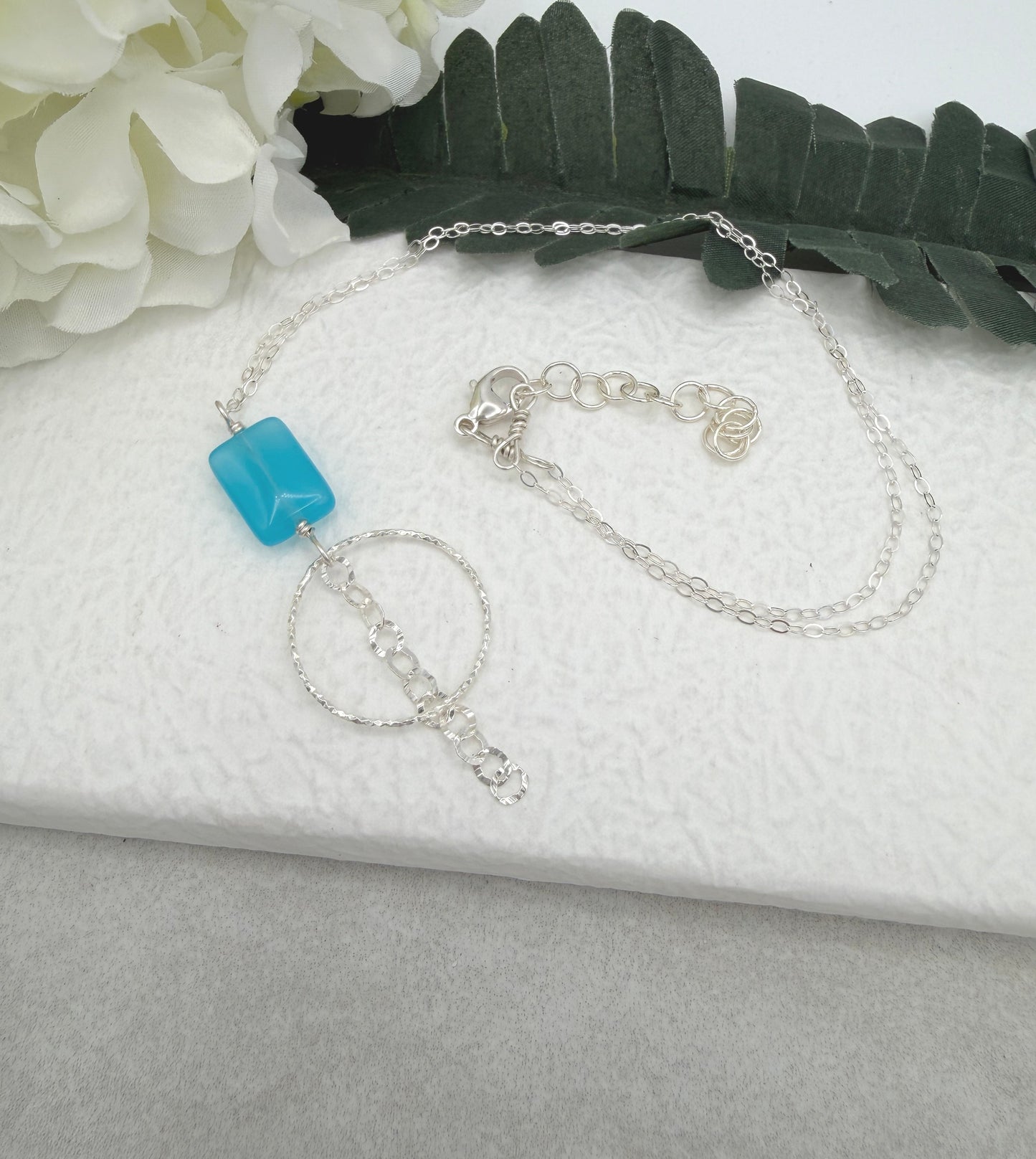 Necklace with a Blue Rectangular Bead, Diamond Cut Loop and Chain Drop CDN-940