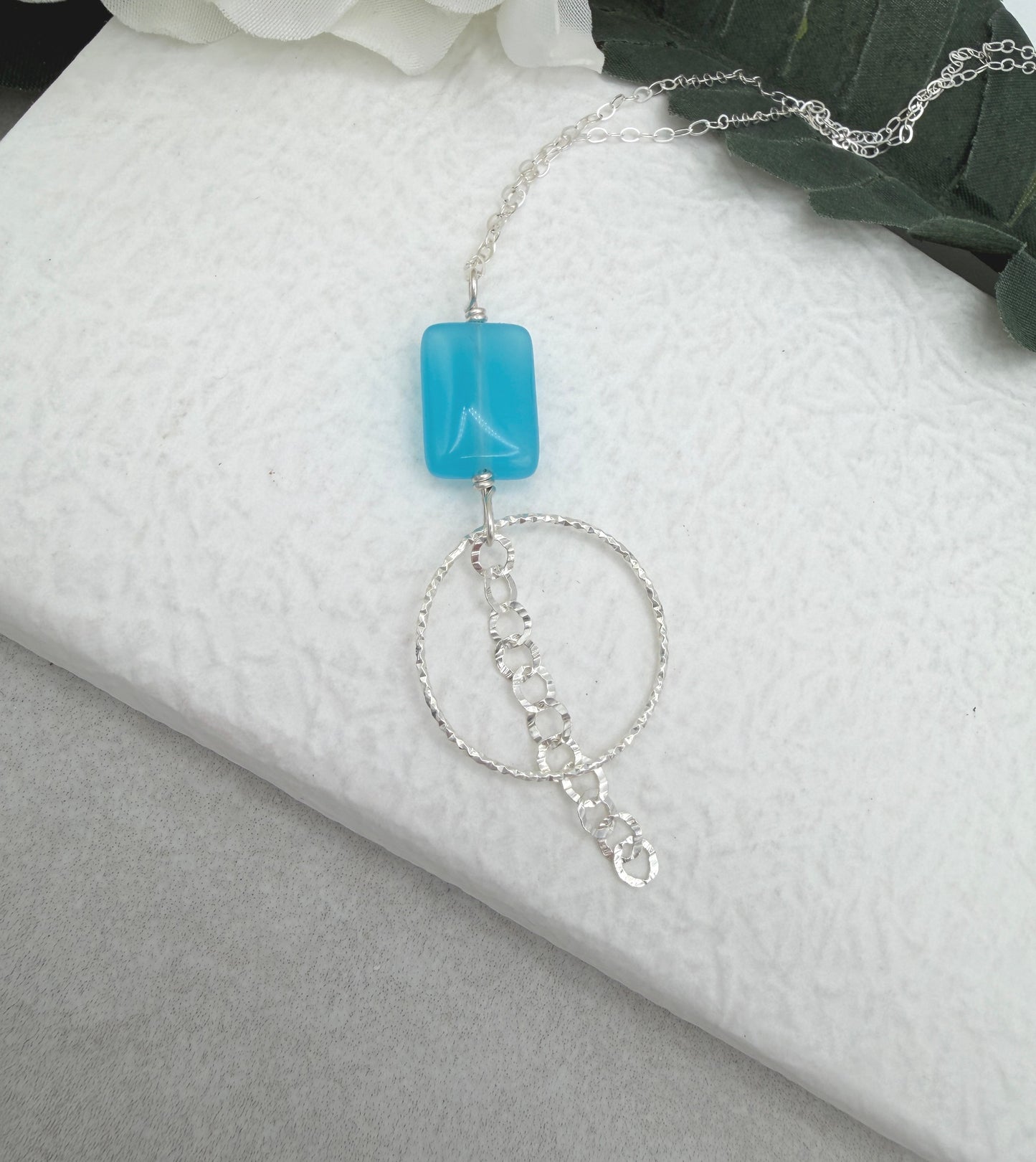 Necklace with a Blue Rectangular Bead, Diamond Cut Loop and Chain Drop CDN-940