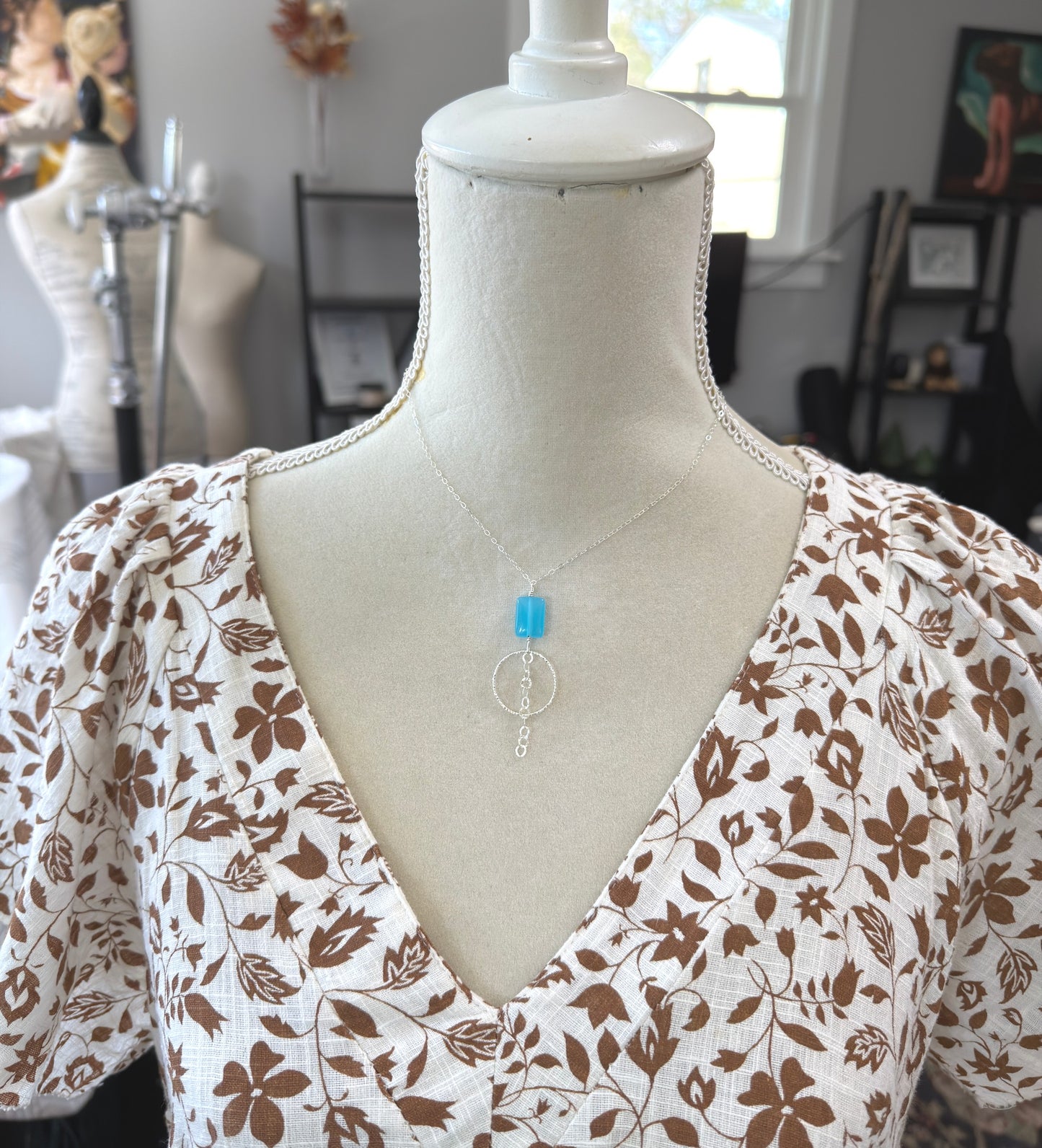 Necklace with a Blue Rectangular Bead, Diamond Cut Loop and Chain Drop CDN-940