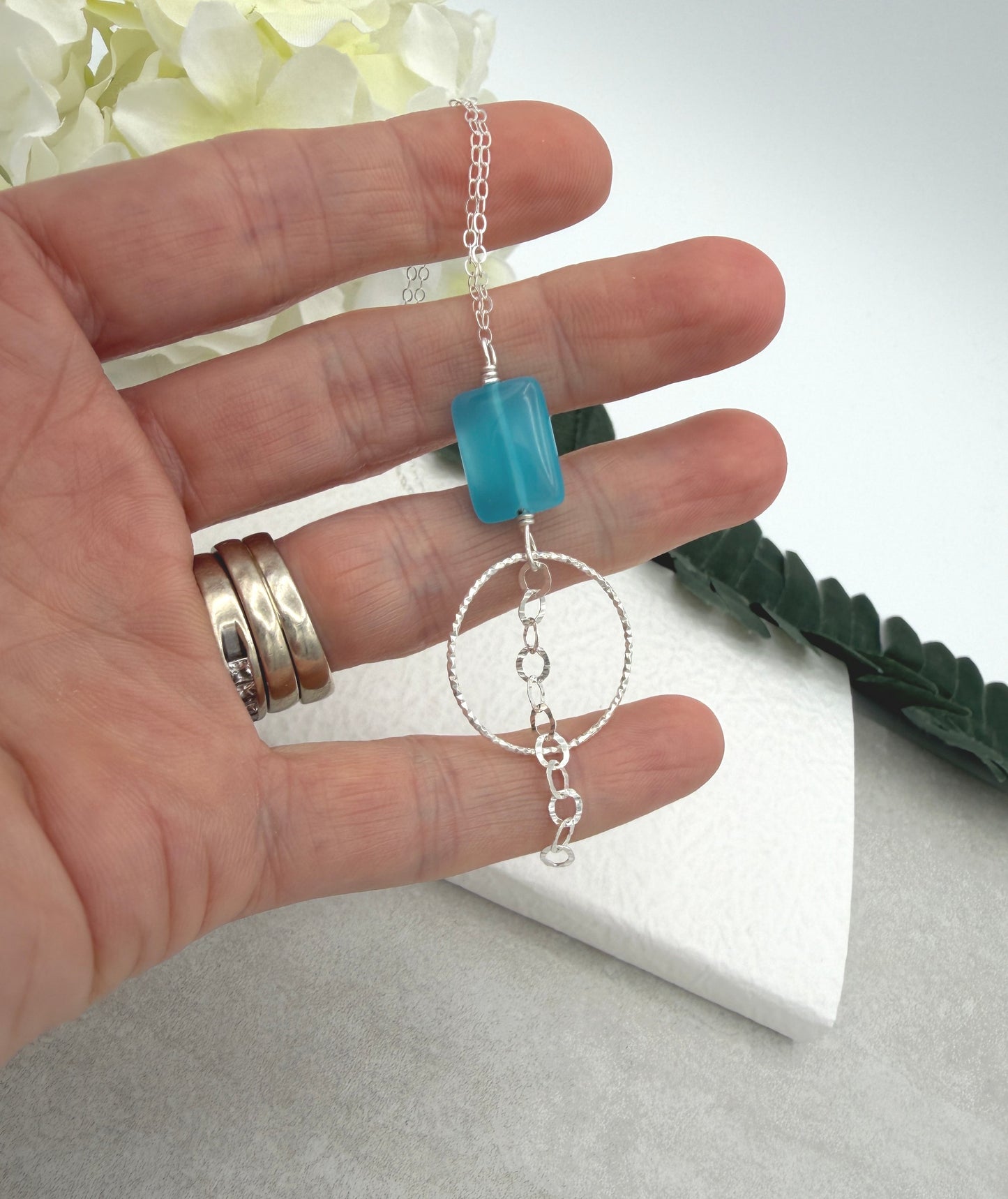 Necklace with a Blue Rectangular Bead, Diamond Cut Loop and Chain Drop CDN-940