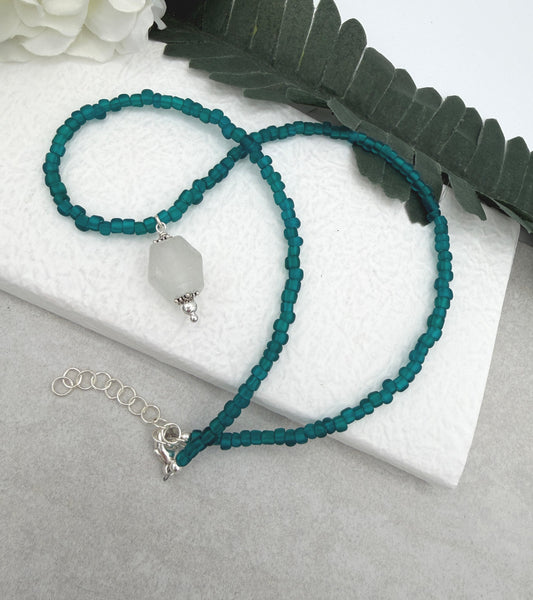 Necklace with Teal Recycled Glass Beads and A Light Blue Recyled Glass Pendant CDN-941