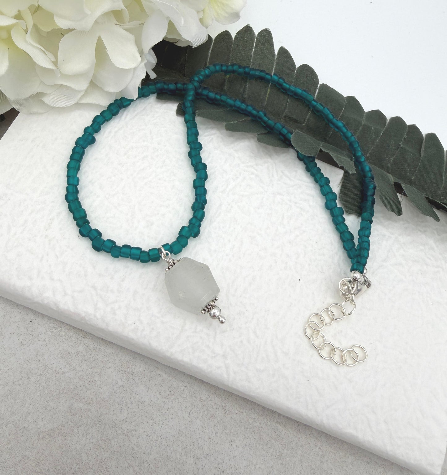 Necklace with Teal Recycled Glass Beads and A Light Blue Recyled Glass Pendant CDN-941