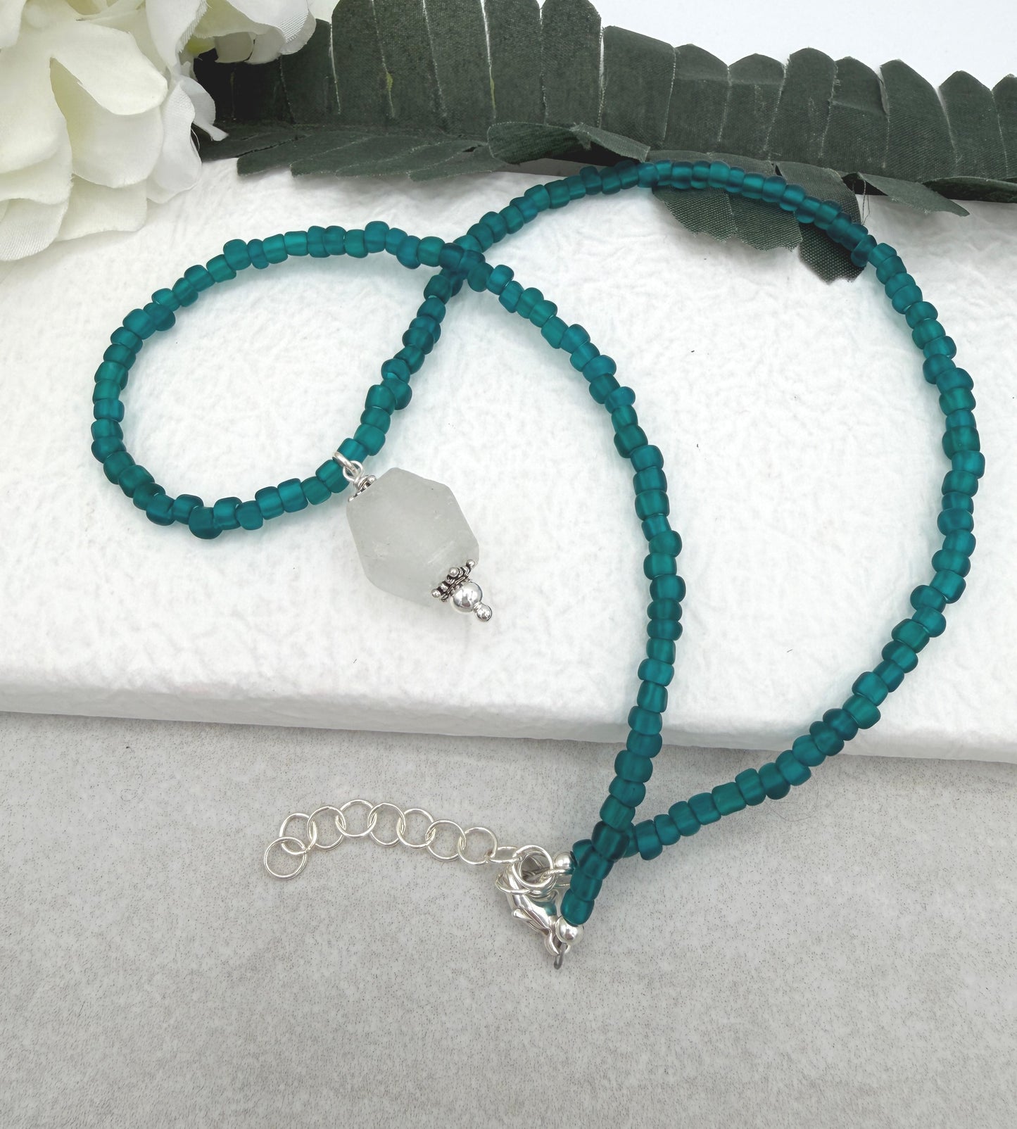 Necklace with Teal Recycled Glass Beads and A Light Blue Recyled Glass Pendant CDN-941