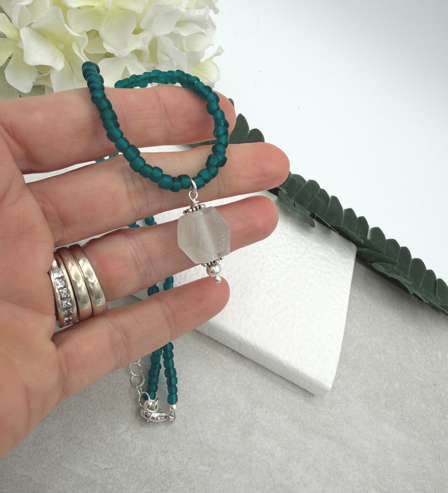 Necklace with Teal Recycled Glass Beads and A Light Blue Recyled Glass Pendant CDN-941