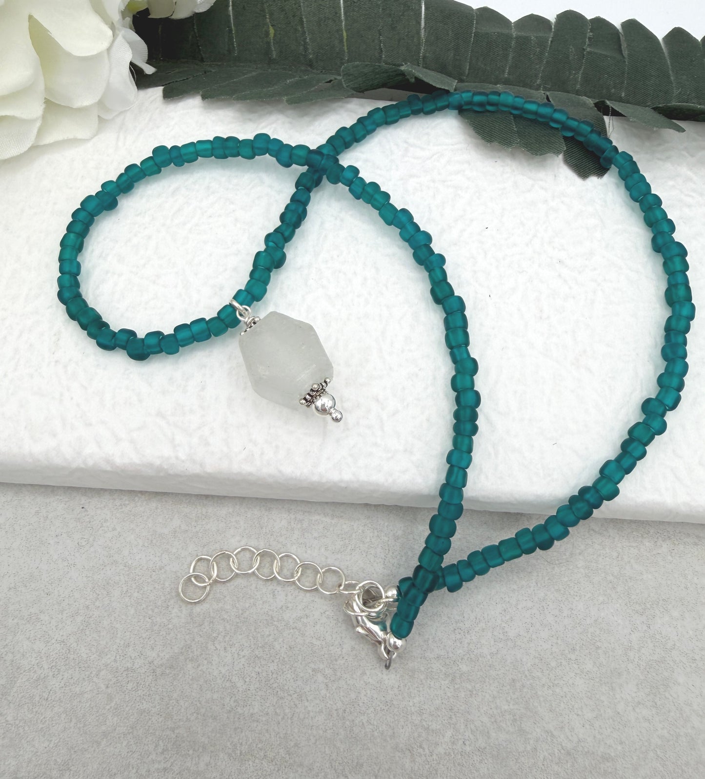 Necklace with Teal Recycled Glass Beads and A Light Blue Recyled Glass Pendant CDN-941