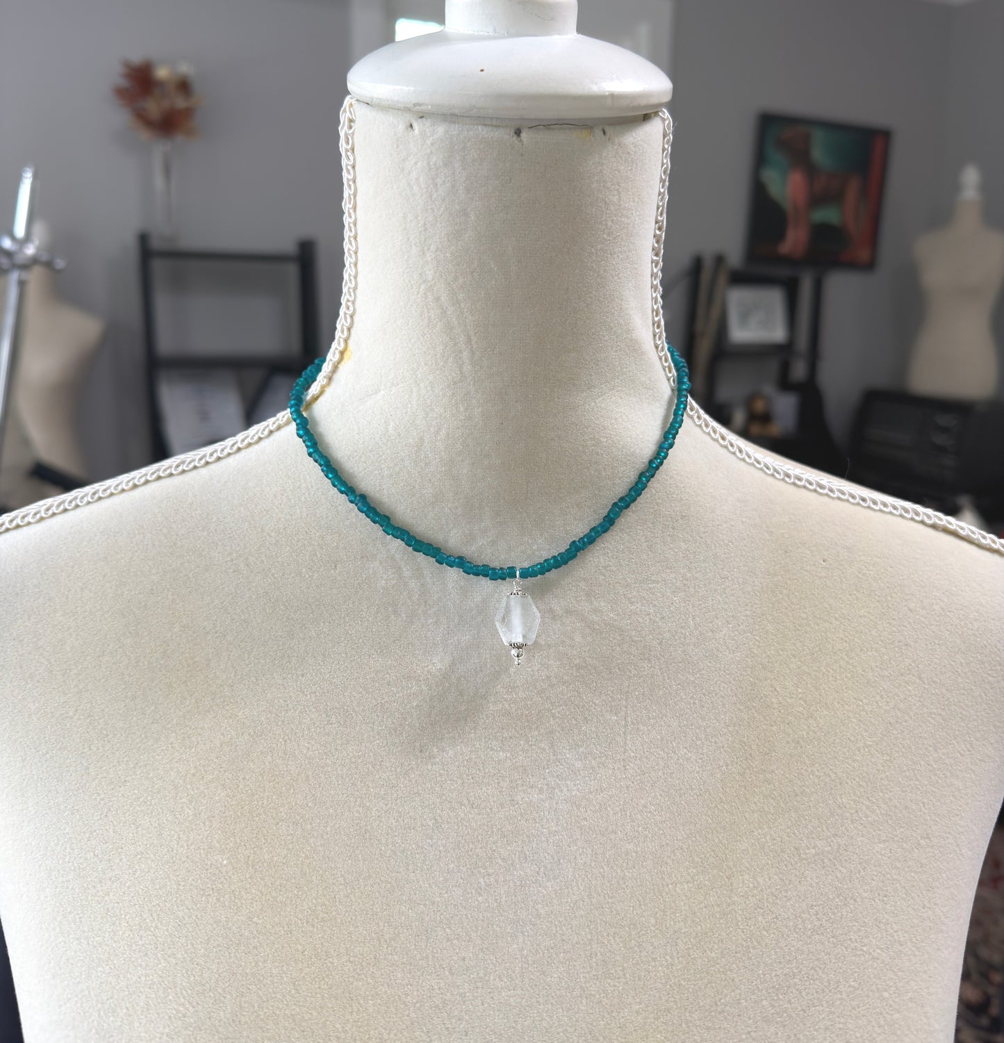 Necklace with Teal Recycled Glass Beads and A Light Blue Recyled Glass Pendant CDN-941