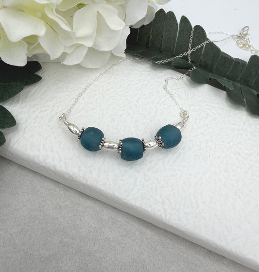 Necklace with a line of Blue, Recycled Frosted Glass and Sterling Silver Beads CDN-943 (Copy)
