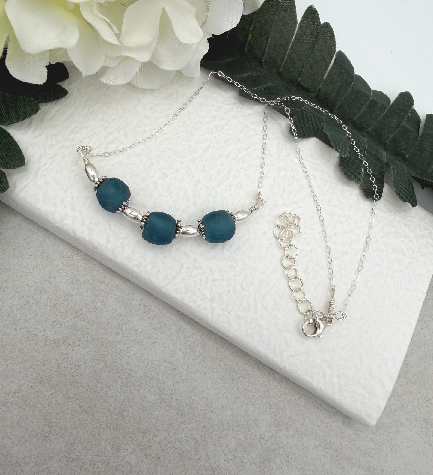 Necklace with a line of Blue, Recycled Frosted Glass and Sterling Silver Beads CDN-943 (Copy)