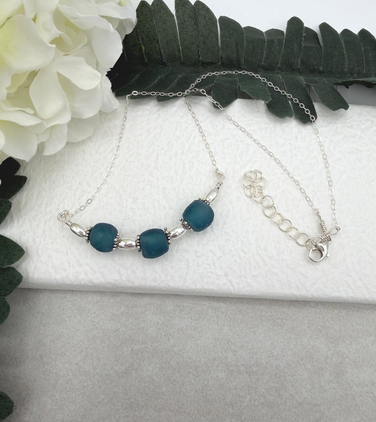 Necklace with a line of Blue, Recycled Frosted Glass and Sterling Silver Beads CDN-943 (Copy)