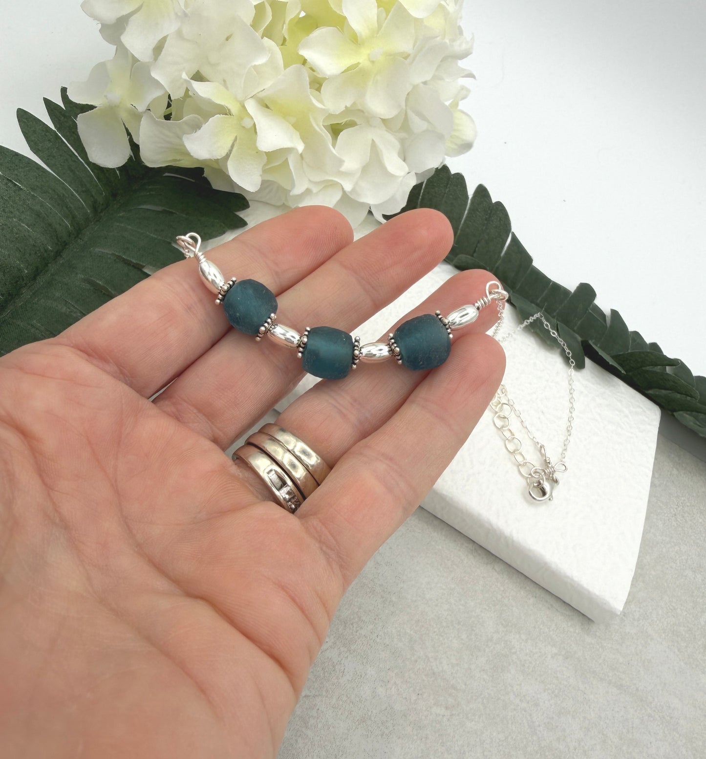 Necklace with a line of Blue, Recycled Frosted Glass and Sterling Silver Beads CDN-943 (Copy)