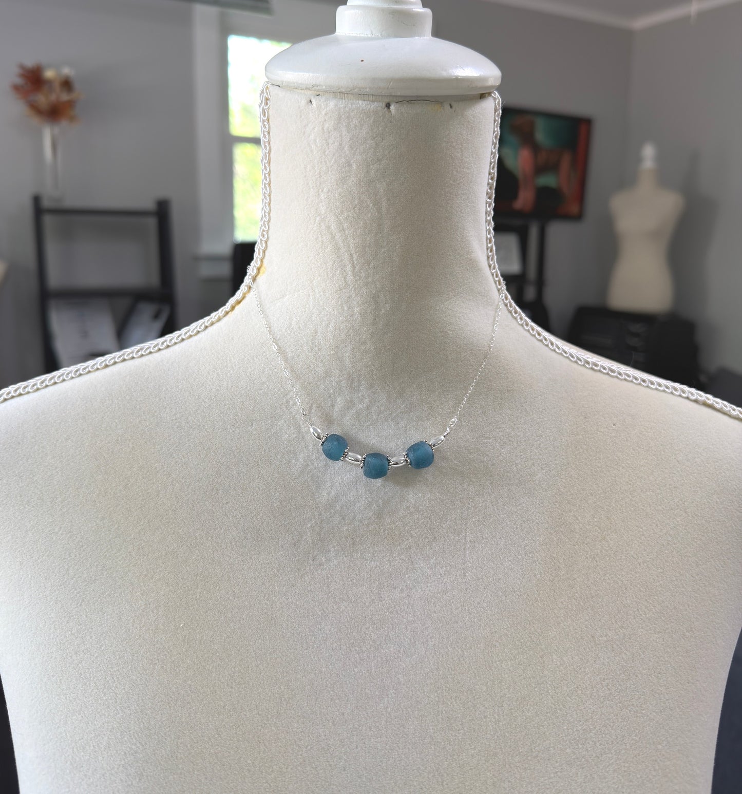 Necklace with a line of Blue, Recycled Frosted Glass and Sterling Silver Beads CDN-943 (Copy)