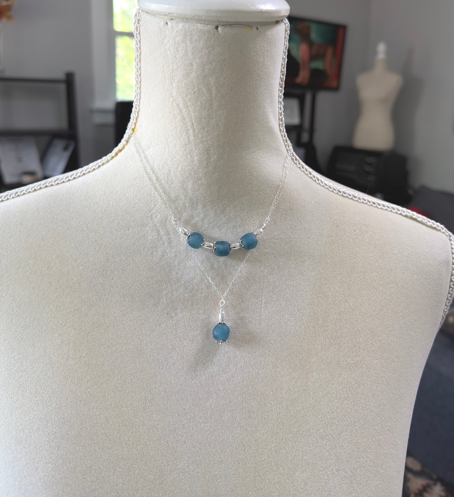 Necklace with a line of Blue, Recycled Frosted Glass and Sterling Silver Beads CDN-943 (Copy)