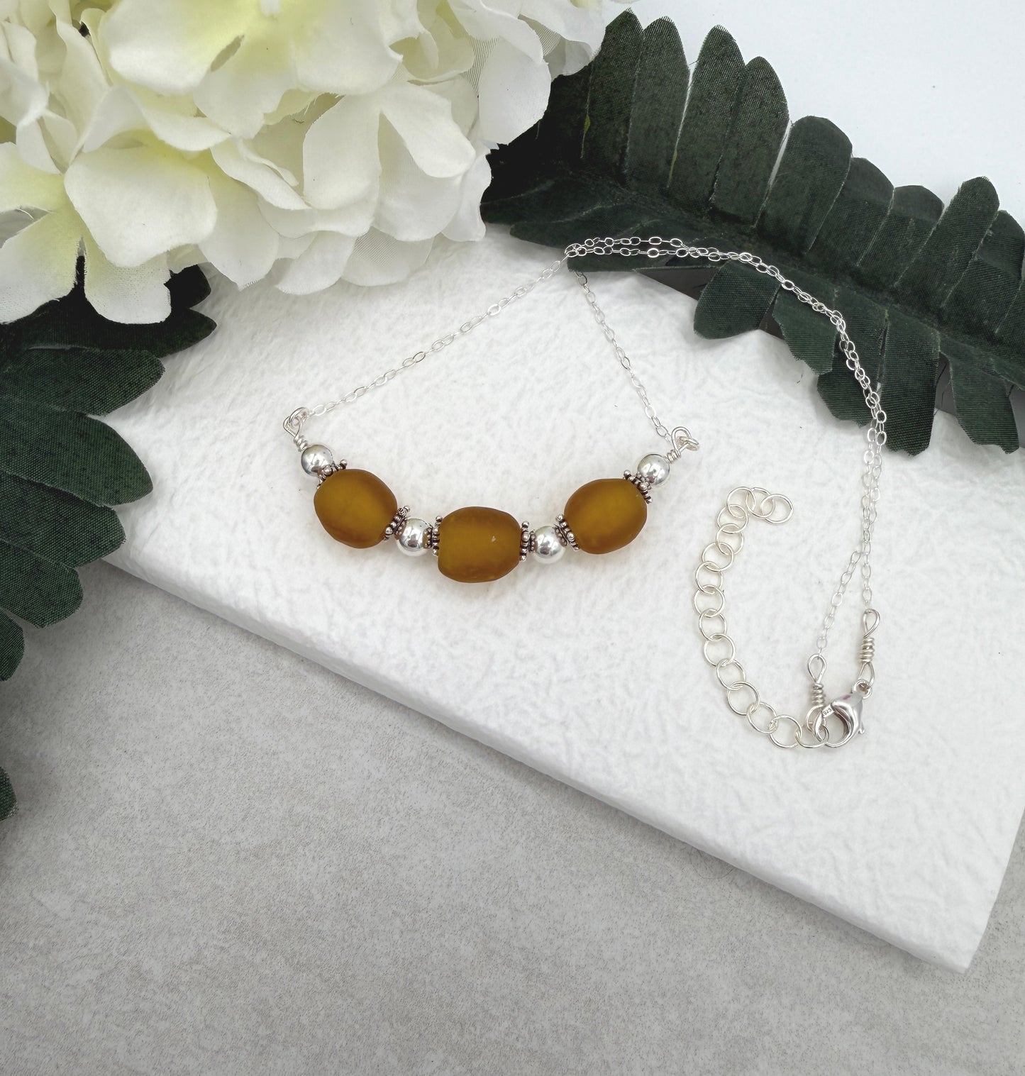 Necklace with a line of Brown, Recycled Frosted Glass and Sterling Silver Beads CDN-943