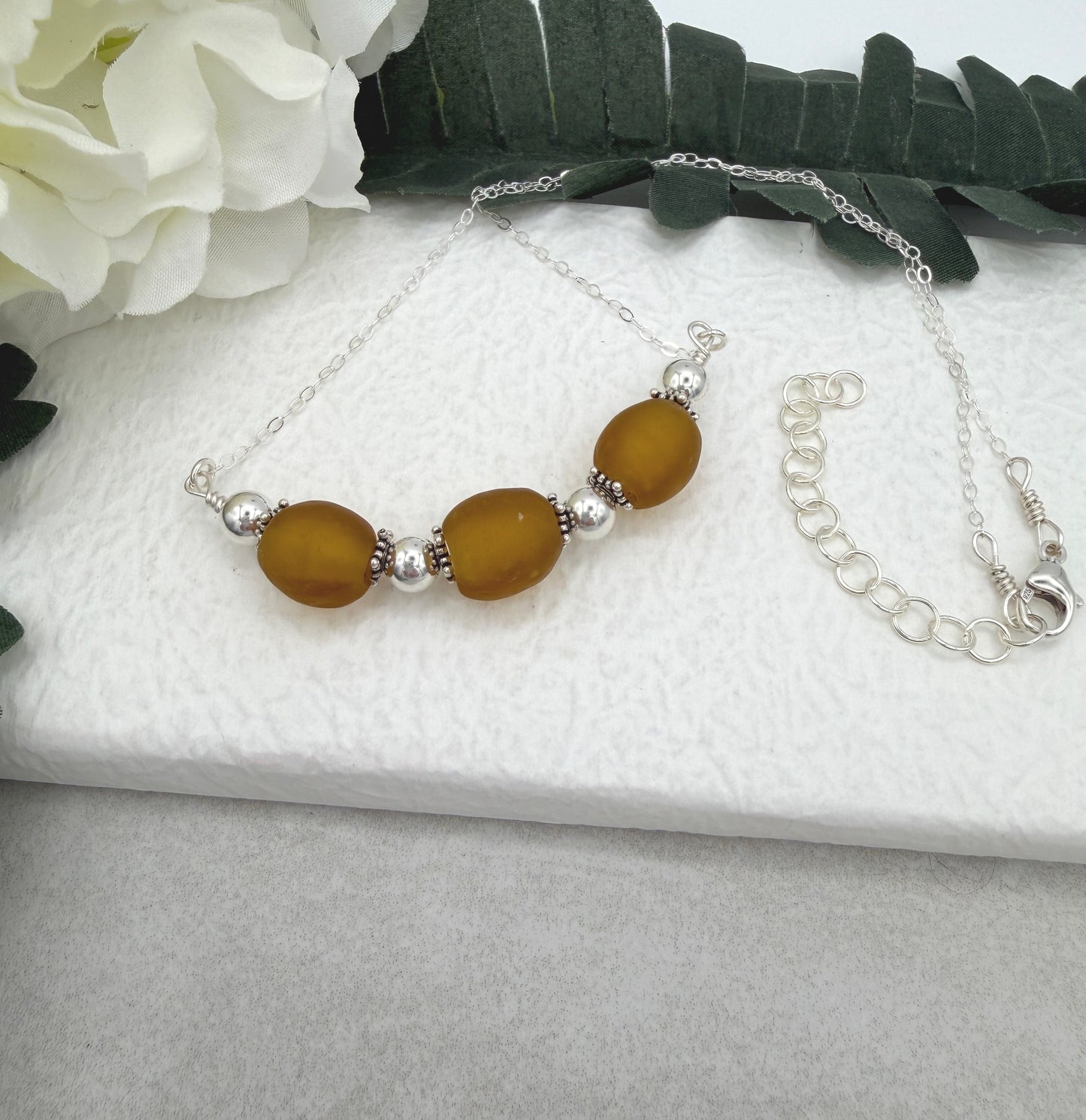 Necklace with a line of Brown, Recycled Frosted Glass and Sterling Silver Beads CDN-943