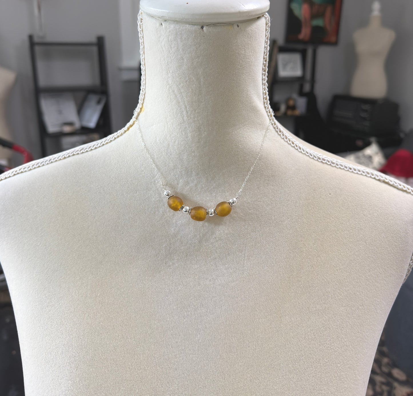 Necklace with a line of Brown, Recycled Frosted Glass and Sterling Silver Beads CDN-943