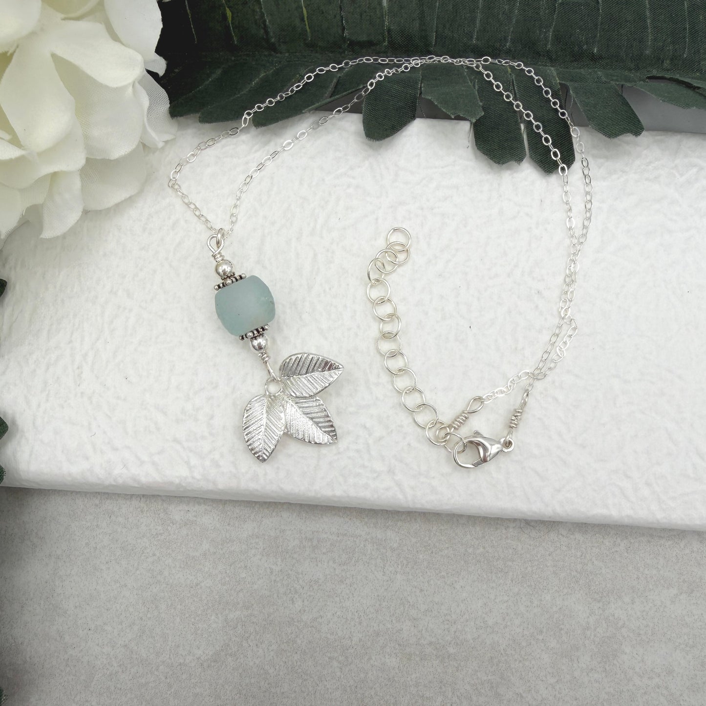 Necklace with Blue, Recycled Frosted Glass, Sterling Silver Leaves and Sterling Silver Beads CDN-944