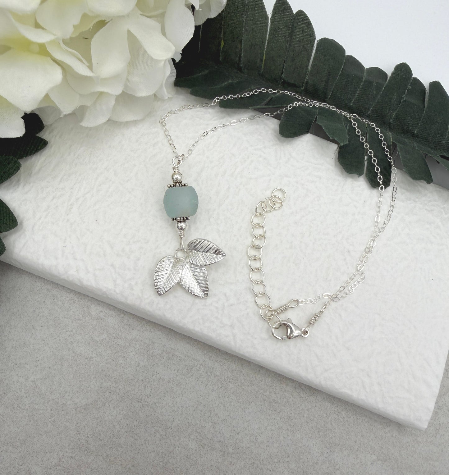 Necklace with Blue, Recycled Frosted Glass, Sterling Silver Leaves and Sterling Silver Beads CDN-944