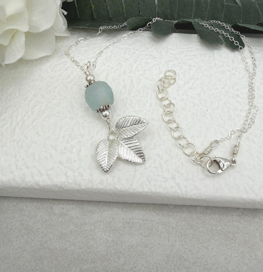 Necklace with Blue, Recycled Frosted Glass, Sterling Silver Leaves and Sterling Silver Beads CDN-944