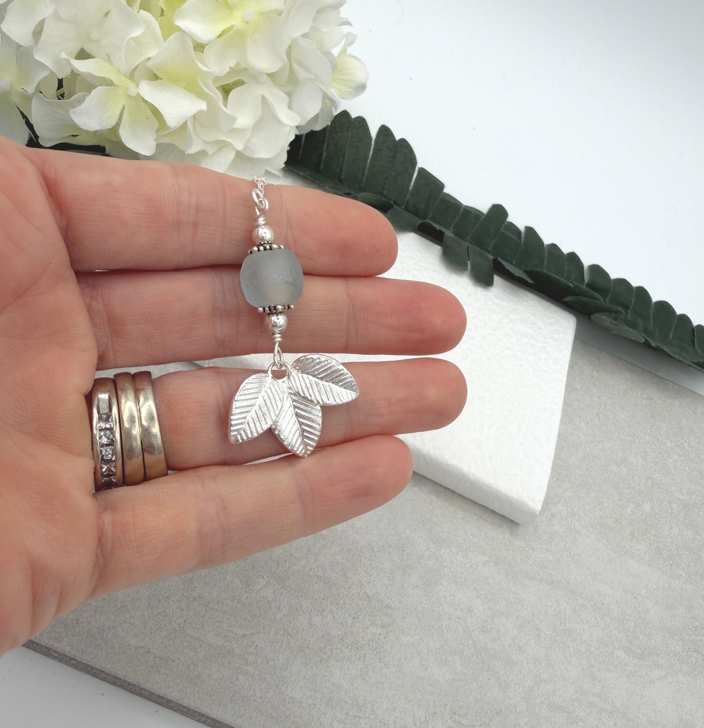 Necklace with Blue, Recycled Frosted Glass, Sterling Silver Leaves and Sterling Silver Beads CDN-944