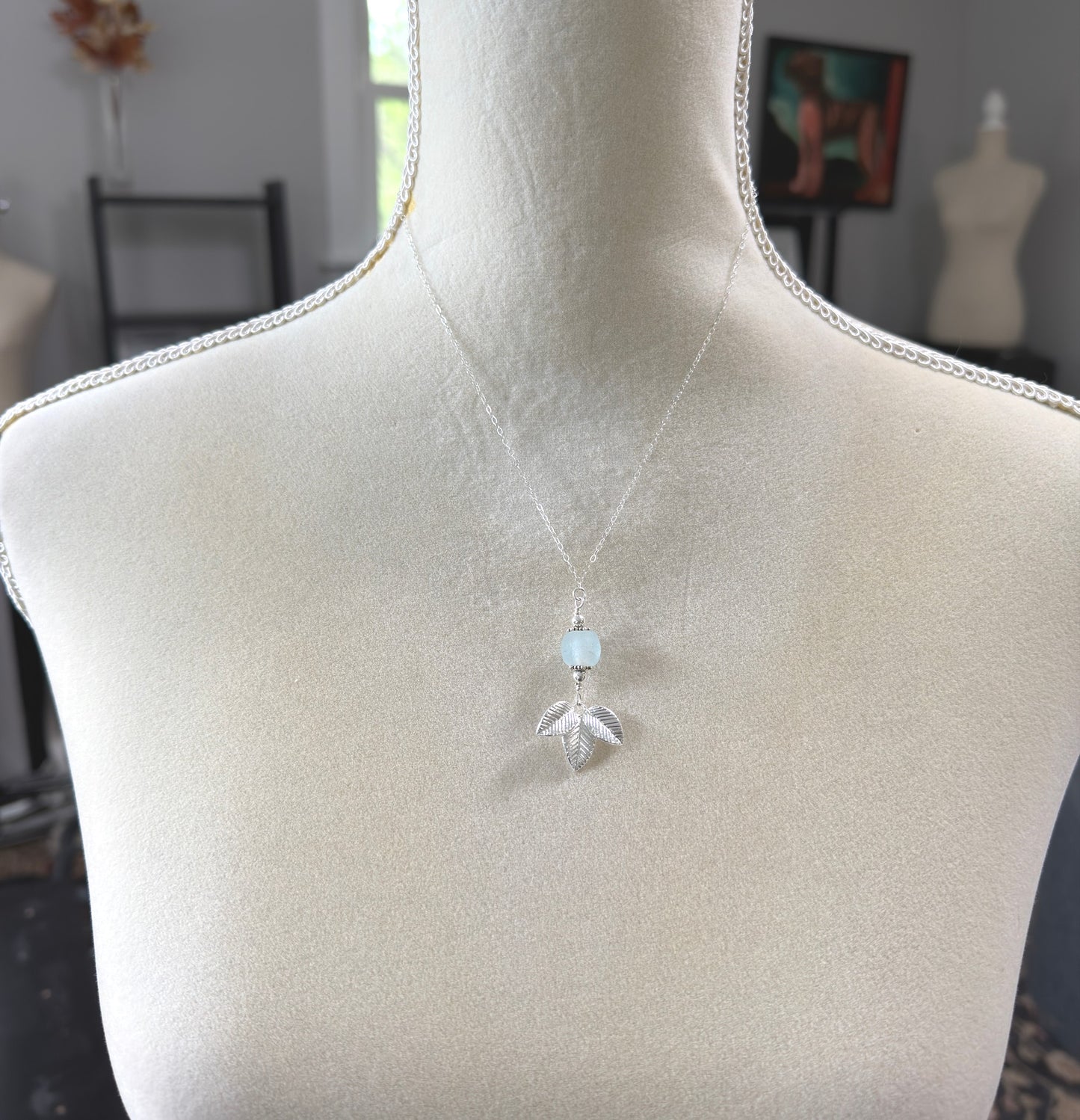 Necklace with Blue, Recycled Frosted Glass, Sterling Silver Leaves and Sterling Silver Beads CDN-944