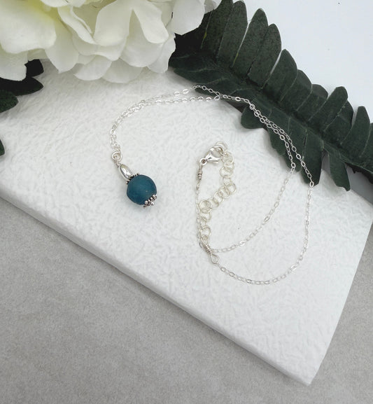 Necklace with Blue, Recycled Frosted Glass and Sterling Silver Beads CDN-945