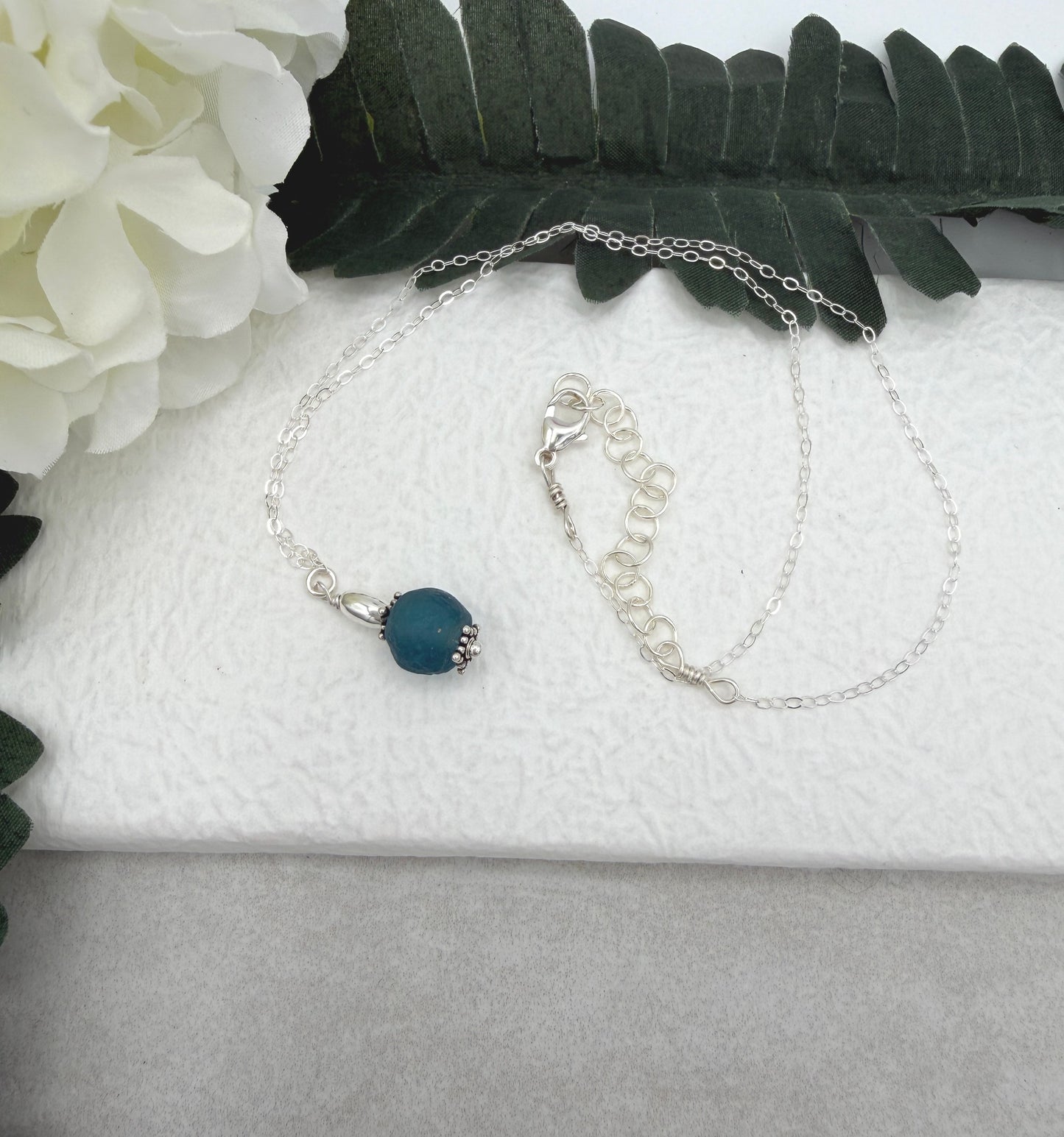 Necklace with Blue, Recycled Frosted Glass and Sterling Silver Beads CDN-945