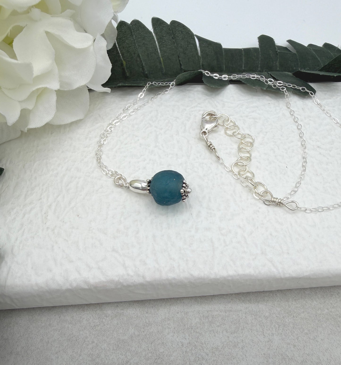 Necklace with Blue, Recycled Frosted Glass and Sterling Silver Beads CDN-945