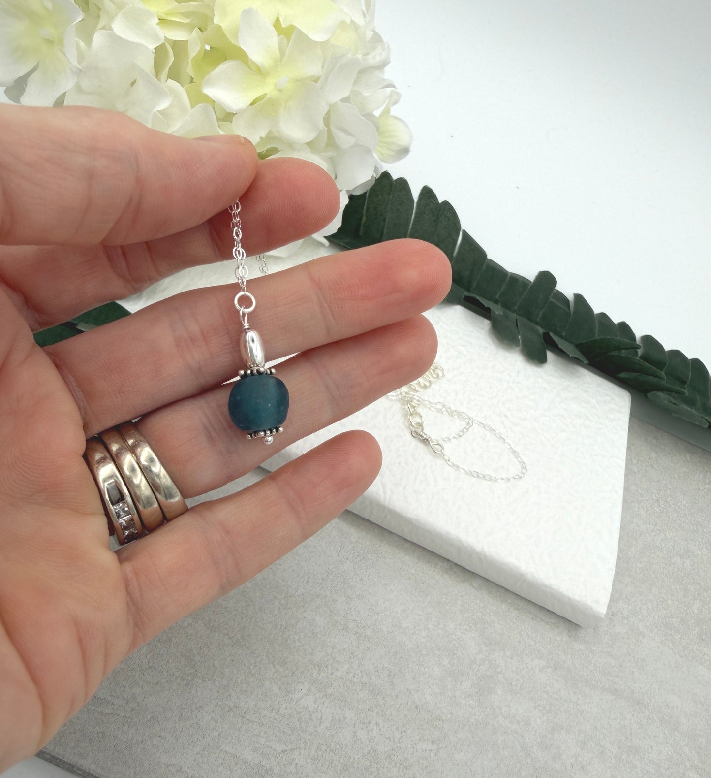 Necklace with Blue, Recycled Frosted Glass and Sterling Silver Beads CDN-945