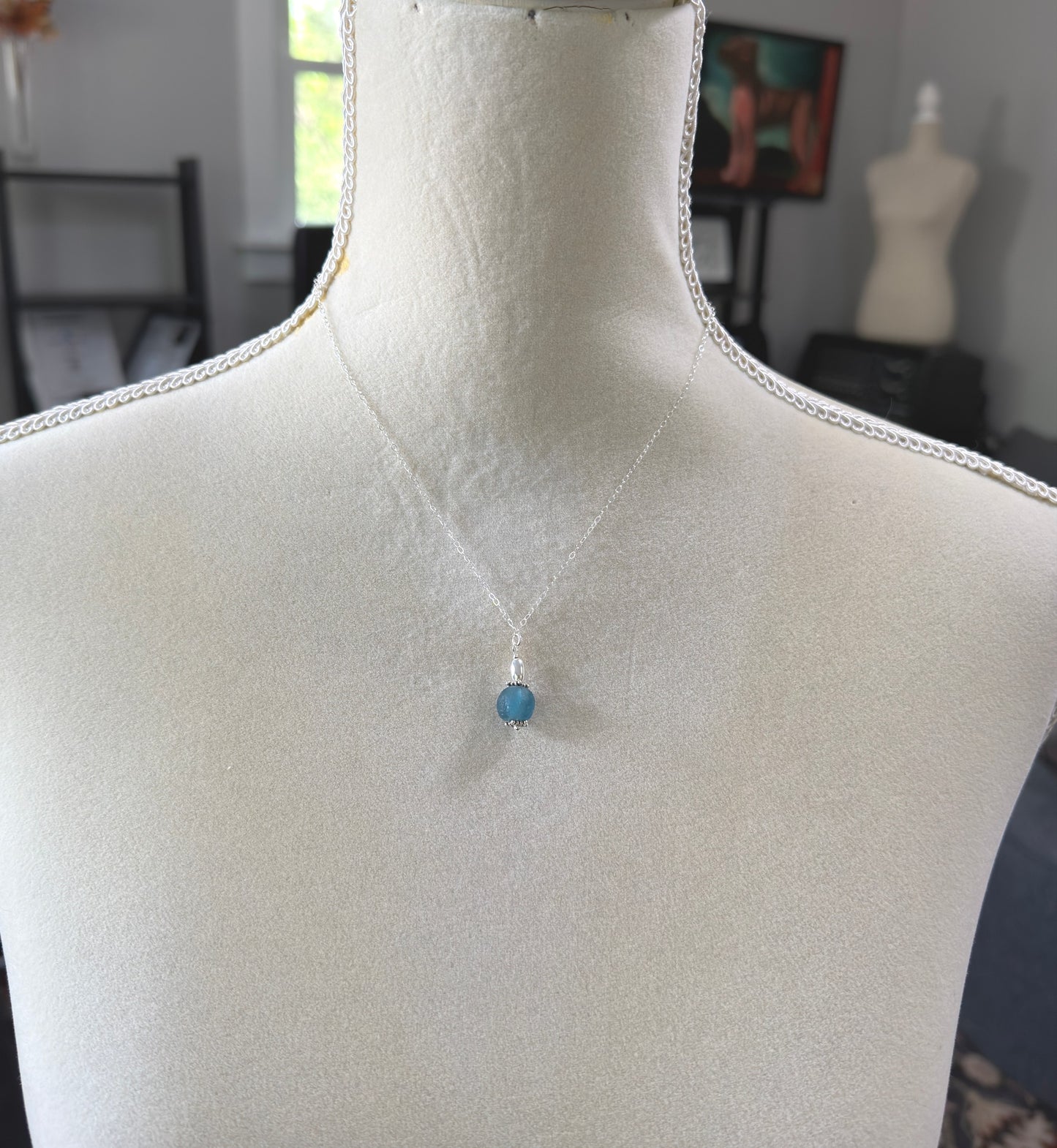 Necklace with Blue, Recycled Frosted Glass and Sterling Silver Beads CDN-945