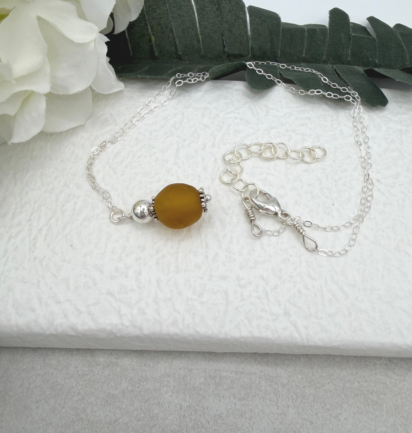 Necklace with Brown, Recycled Frosted Glass and Sterling Silver Beads CDN-946