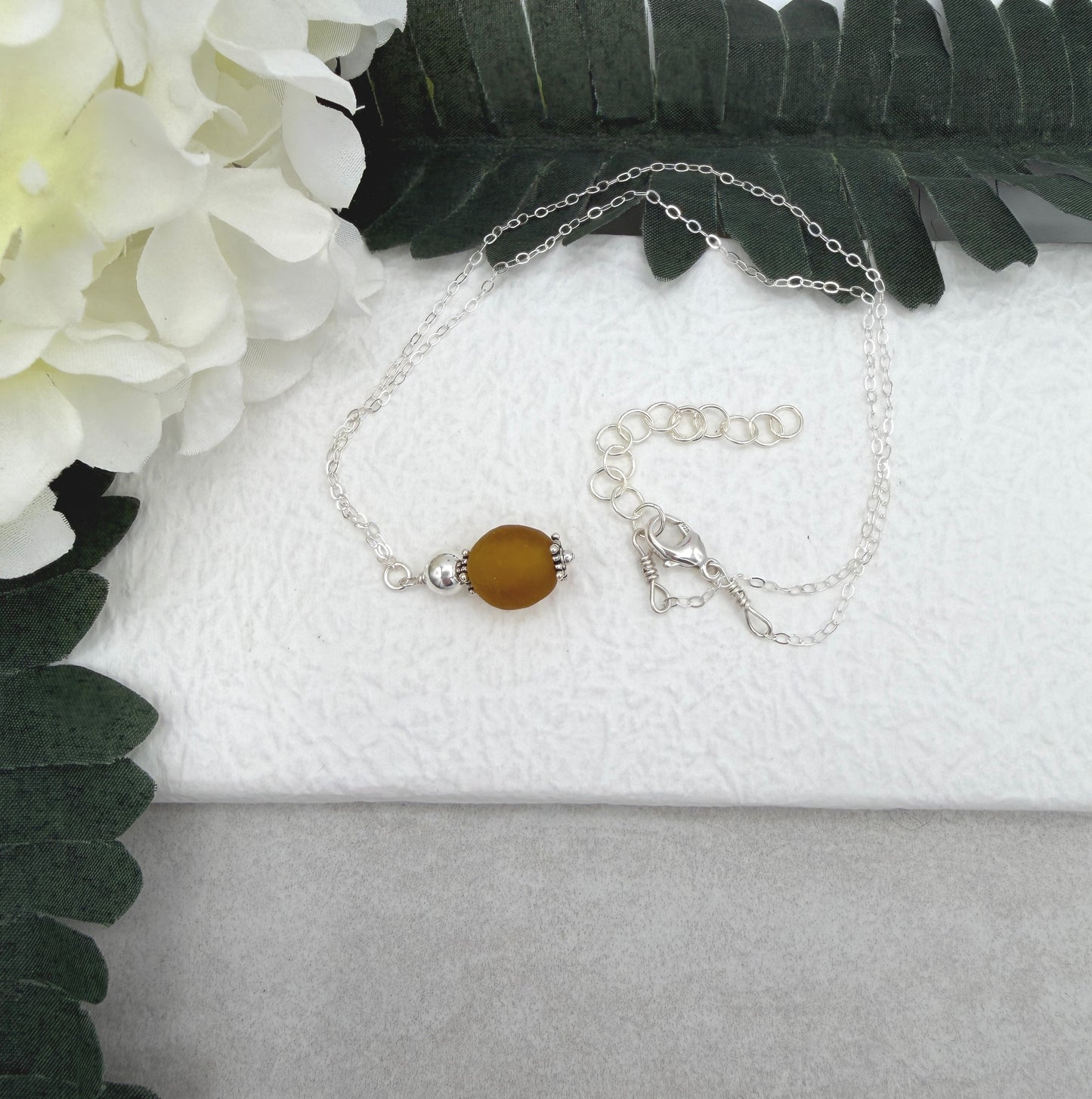 Necklace with Brown, Recycled Frosted Glass and Sterling Silver Beads CDN-946