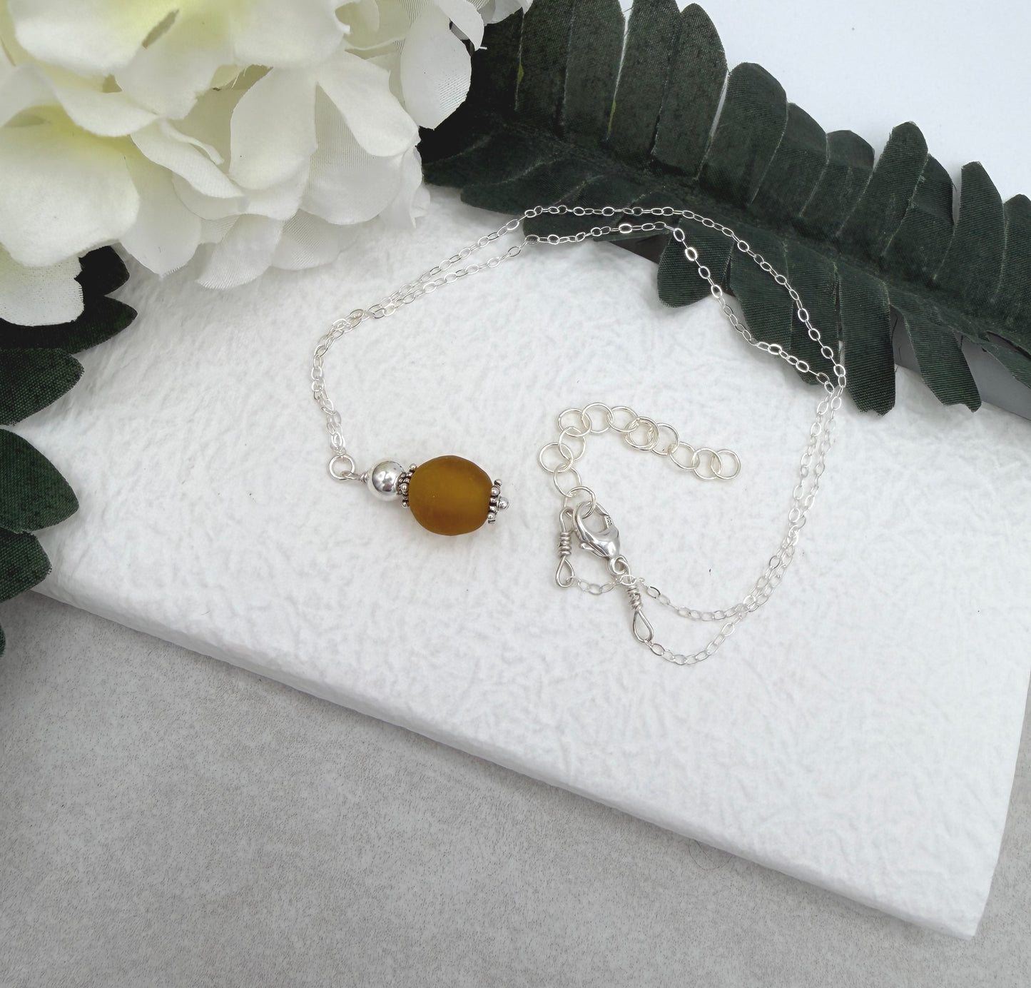 Necklace with Brown, Recycled Frosted Glass and Sterling Silver Beads CDN-946