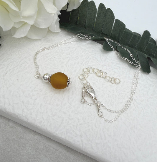 Necklace with Brown, Recycled Frosted Glass and Sterling Silver Beads CDN-946